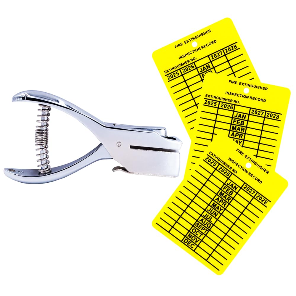 100 Pieces 2025 to 2028 Plastic 4 Year Fire Extinguisher Inspection Tags with an Extra Heavy Duty Hole Punch