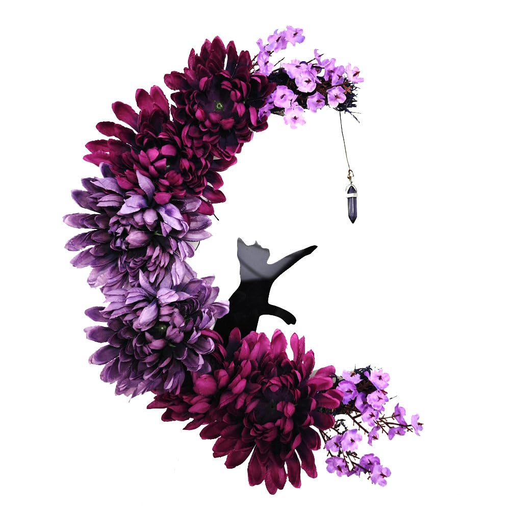 35cm Halloween Wreaths with Light for Front Door, Halloween Moon Wreath with Black Cats for Home Party Window Wall Garland ﻿ (B, no light)