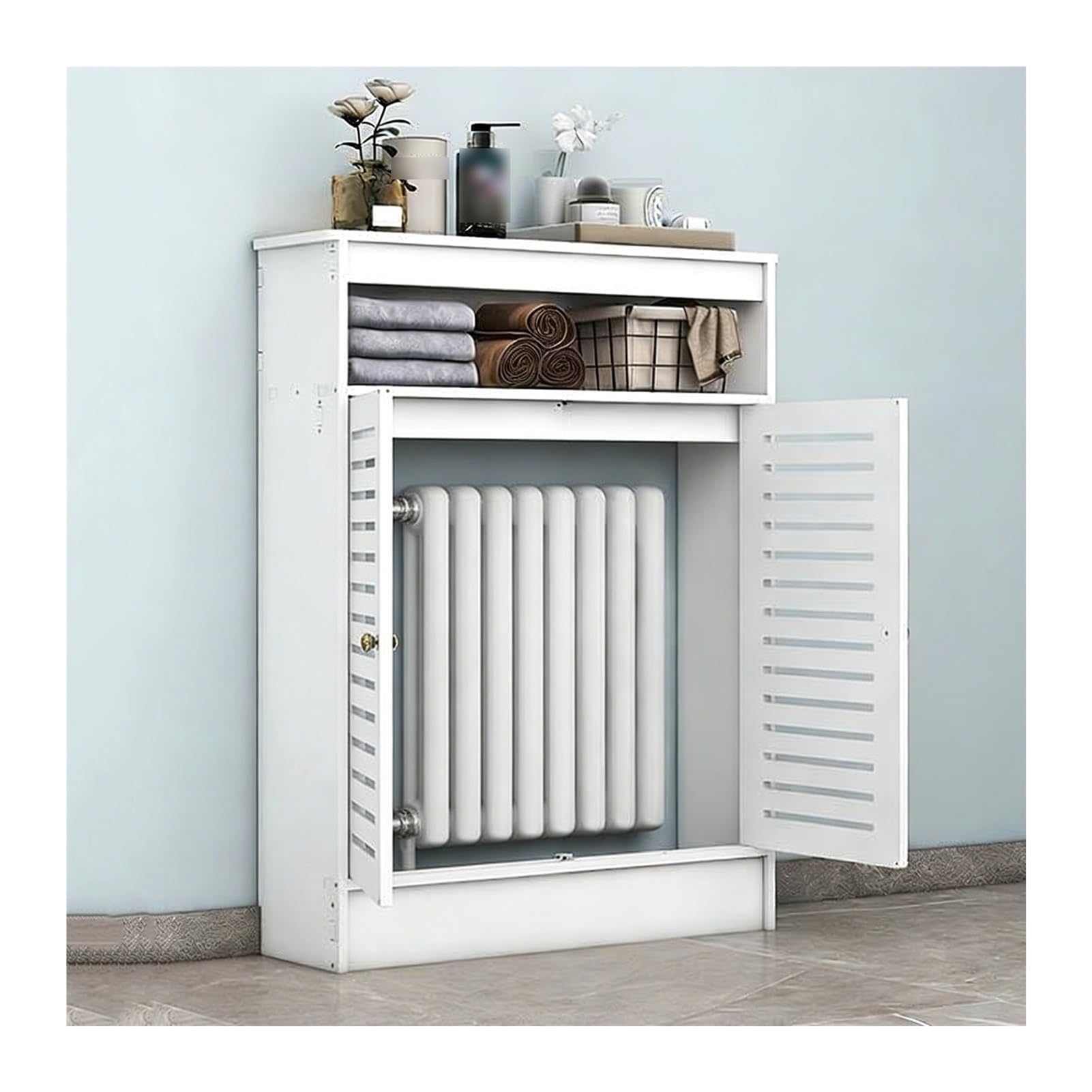 Cubierta blanca para radiador, fundas de calefacción para el hogar, sala de estar, dormitorio, baño, oficina, cubierta decorativa de madera con doble puerta, estante de armario de calefacción (largo x