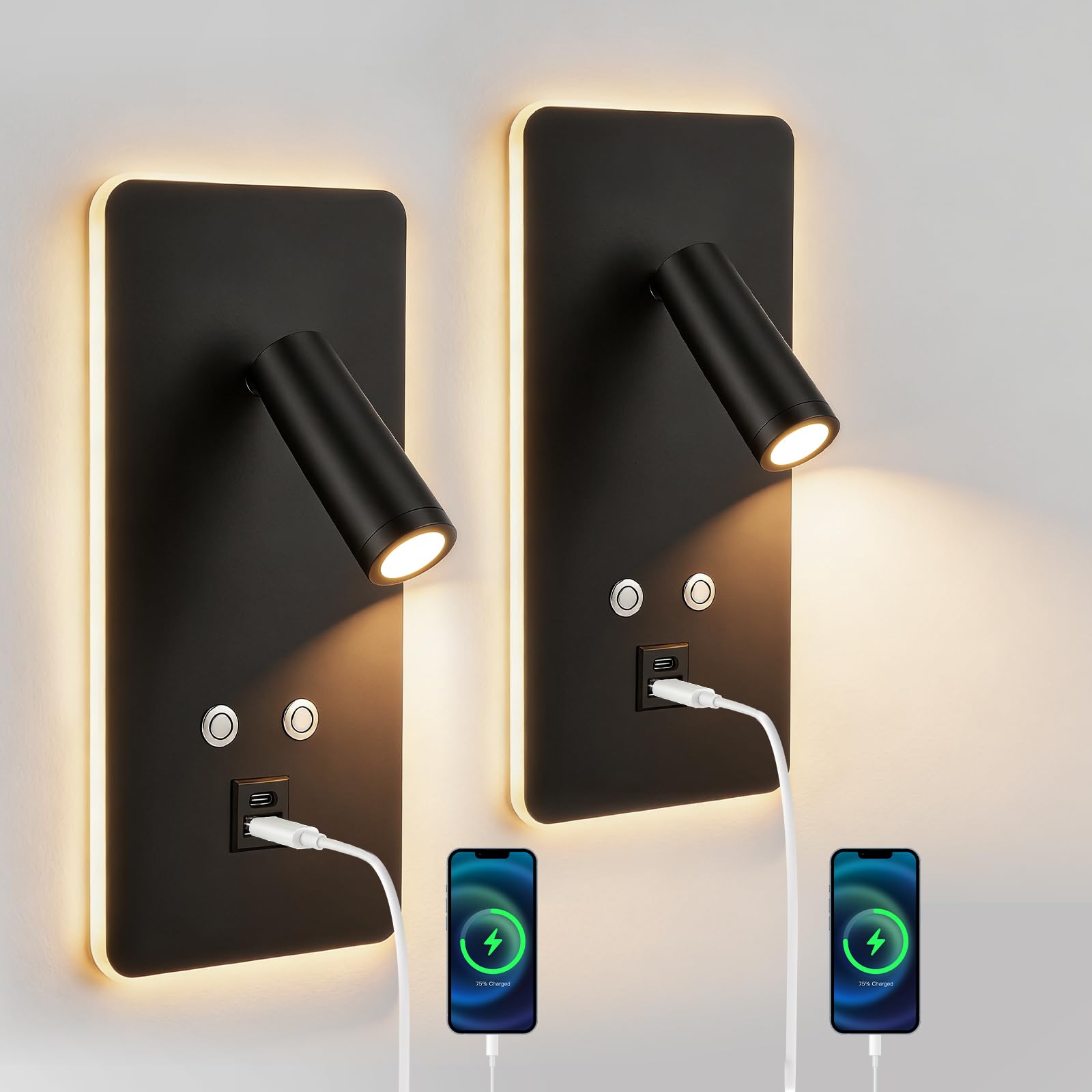 2pcs LED Wandleseleuchte, Stufenlos Dimmbare Leselampe Nachttischlampe, Wandleuchte Leselicht mit USB- und Typ-C-Ladeanschluss und Schalter für Schlafzimmer, Hotel, Flur (Warmes Licht 3W+9W)(Schwarz)