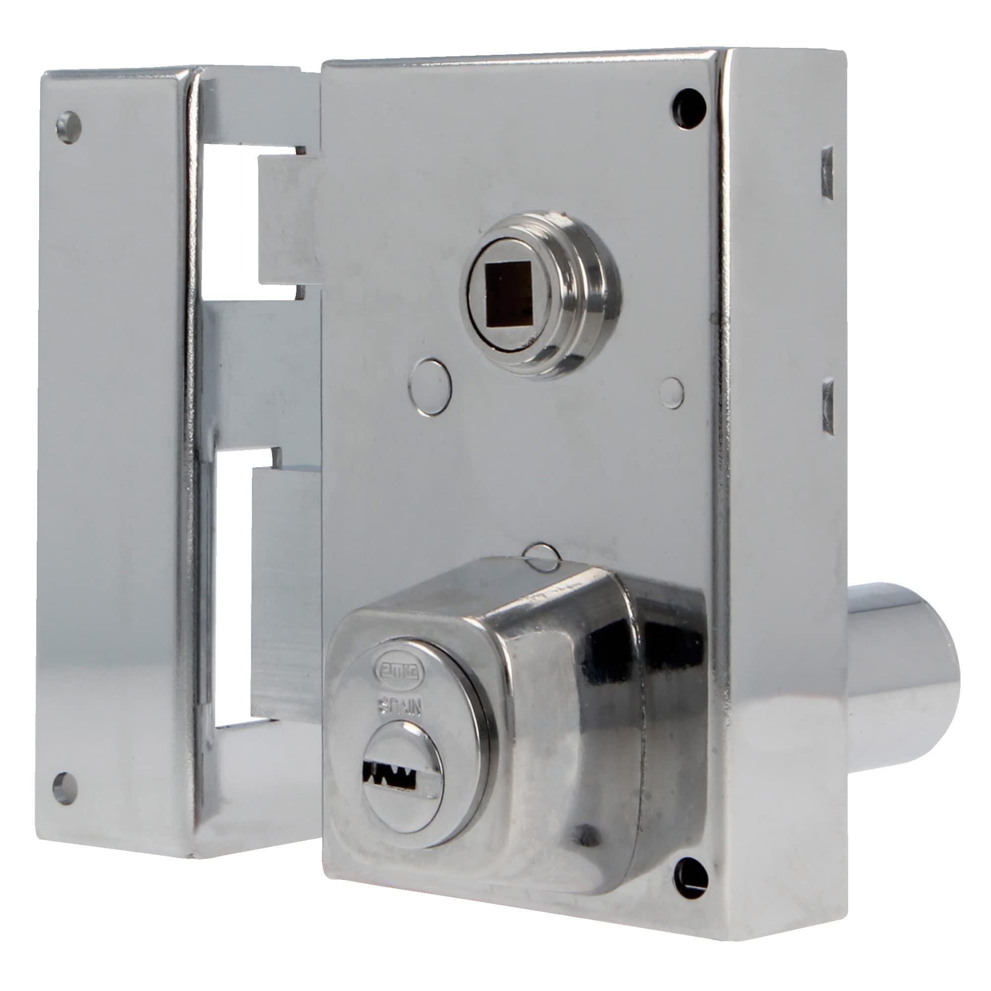 Amig - Serratura a Sovrapposizione Sinistra con Leva di Chiusura, Linguetta e Quadretto per Porte in Legno Mod. 75N - 72 x 112 mm - Cilindro rotondo di sicurezza - Acciaio argentato