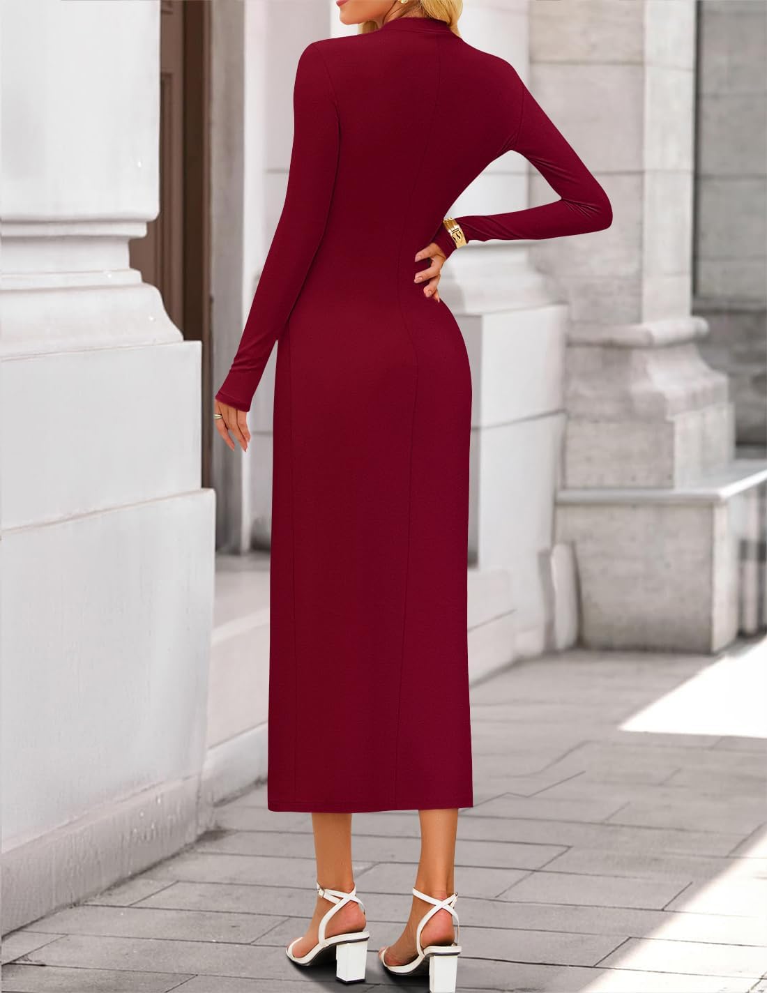 ZESICA Womens 2026 Fall Long Sleeve Mock Neck Bodycon Midi Dress Ruched Knit Elegant Party Cocktail Formal Dresses - Image 4