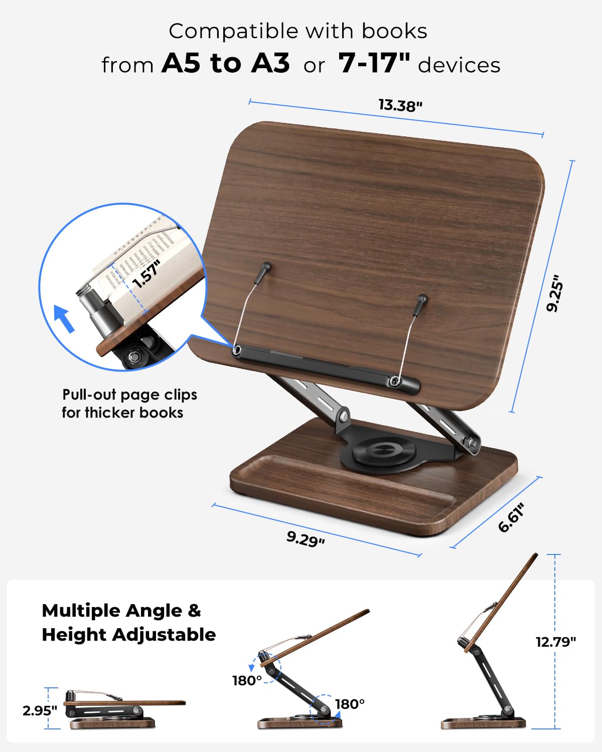Viozon Support de livre pour la lecture, support de livre avec base rotative à 360° avec fente pour stylo, support de lecture pliable avec clips de page élastiques pour livre de cuisine, recettes