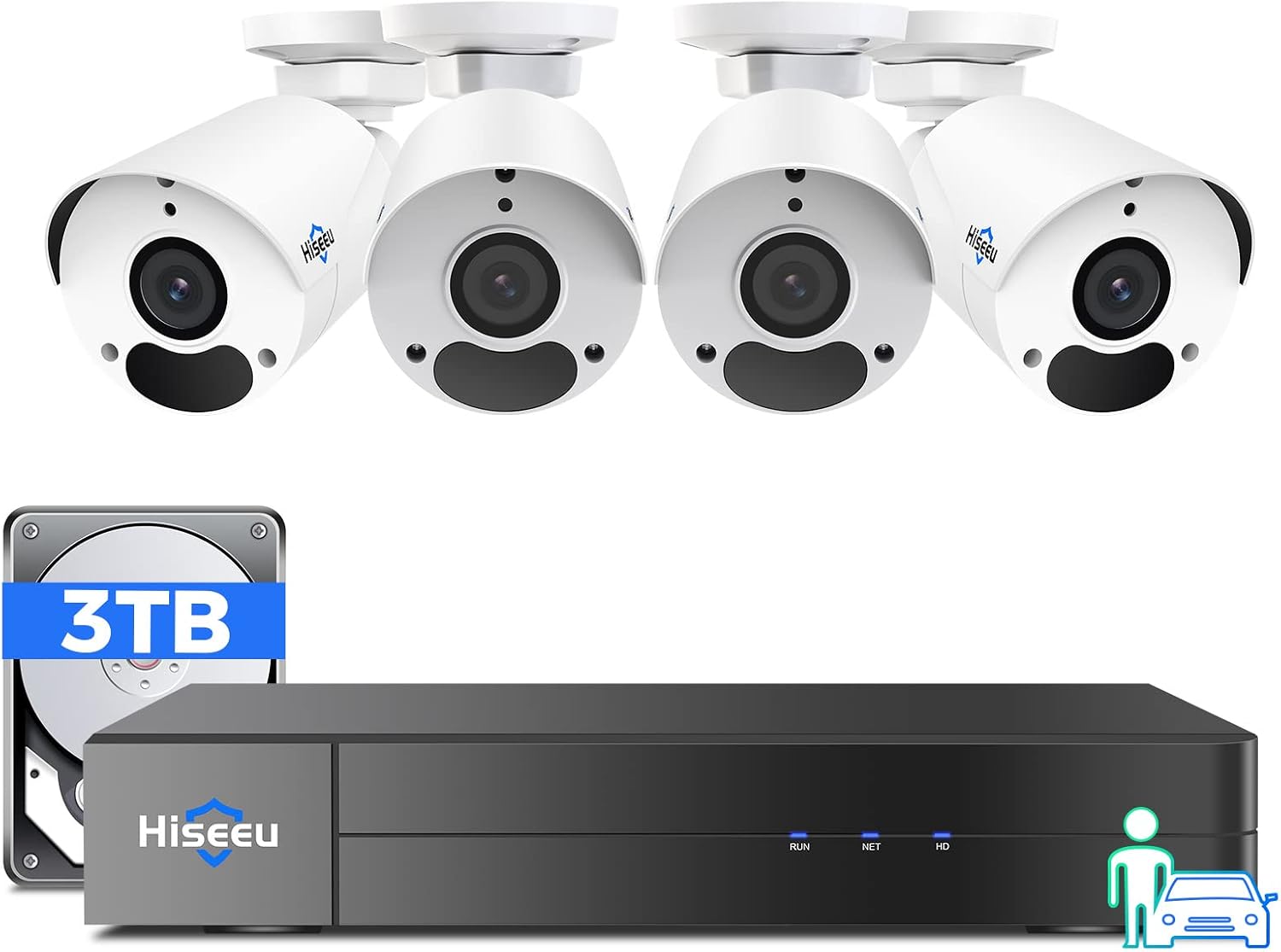 [121°View Angle+ Vehicle Detect] Hiseeu 4K Security Camera System, PoE Security Camera System w/4pcs PoE Cameras, WDR, 1-Way Audio, IP67 Waterproof,Free Remote Access, 3TB HDD for 7/24 Record
