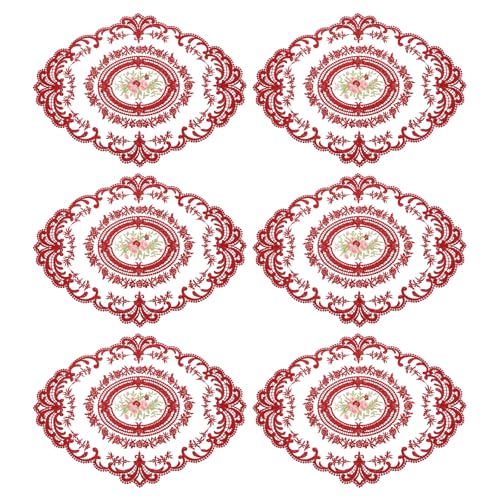 QUARKZMAN Juego de 6 manteles individuales de encaje retro de 12 x 16 pulgadas, ovalados, bordados, manteles de ganchillo francés, posavasos para tazas, para el hogar, boda, rojo