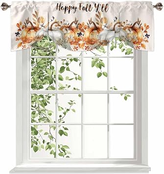 Thanksgiving Pumpkins Tie Up Valance Curtain for Kitchen Living Room Bedroom Bathroom Cafe, Rod Pocket Small Short Window Drape Panel AdjustableFall Harvest Botanical Floral Autumn 42"x18"