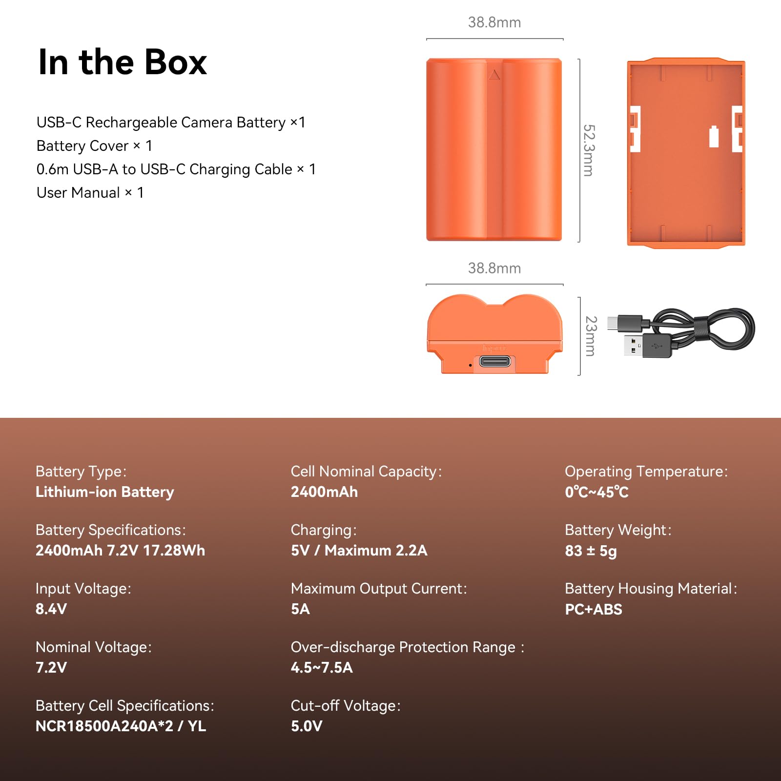 SMALLRIG Battery 2400mAh USB-C Kamera-Akku für Fujifilm NP-W235 X-T5, X-T4, GFX100S, 2,5H voll aufgeladener Kamera-Akku für Fujifilm X-T5, X-T4, X-H2S, X-H2, GFX50S II, VG-XT4, X-S20, Orange – 4970