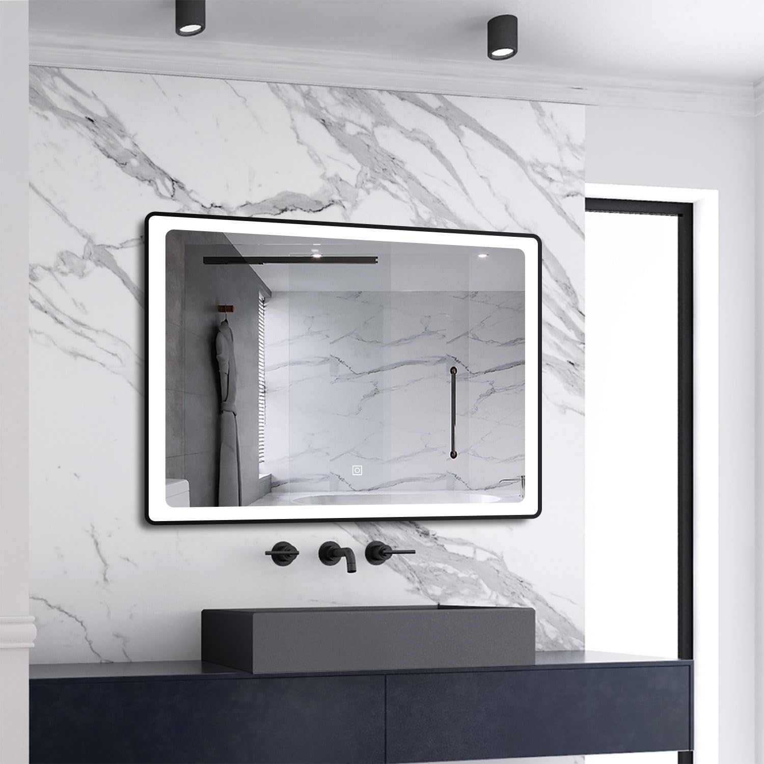 Sky Bathroom Black Skybathroom 900X700mm Framed Led Bathroom Mirror With 3 Colour Lights Dimmable Brightness,Memory Function,Anti-Fog,Ip44