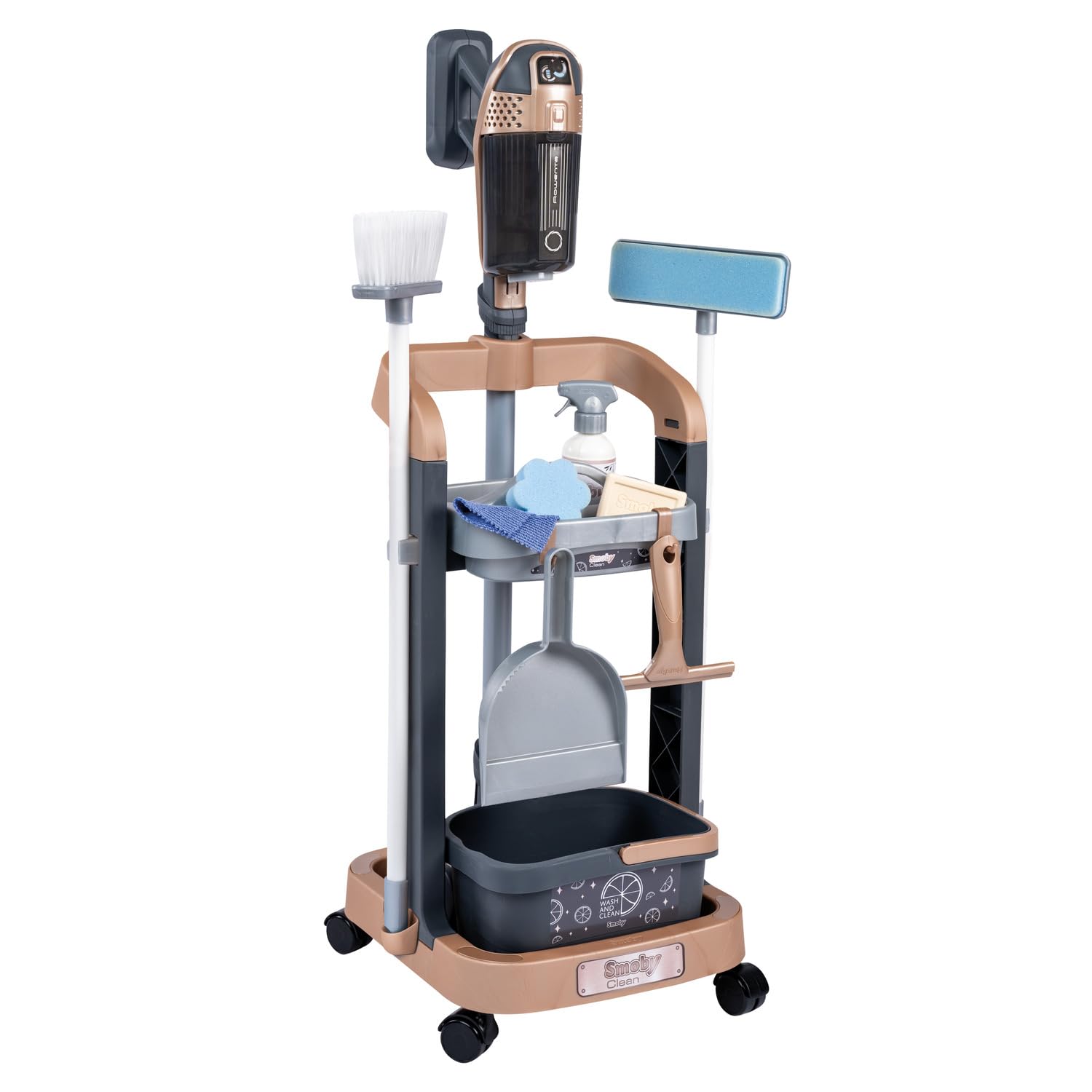 Smoby - Carrello per Le Pulizie Rowenta + aspirapolvere a Bastone - con Suoni realistici - 10 Accessori Inclusi - Ruote multidirezionali - età 3+