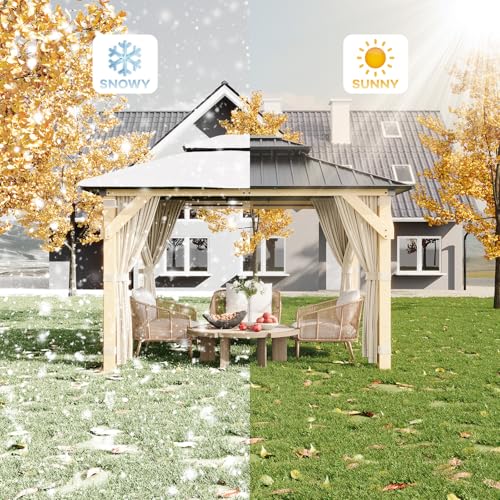 Garvee 10x12 ft Hardtop Gazebo with Nettings and Curtains, Wood Grain Heavy Duty Double Roof Galvanized Steel Outdoor Combined of Vertical Stripes Roof for Patio, Backyard, Deck, Lawns, Khaki - Image 4