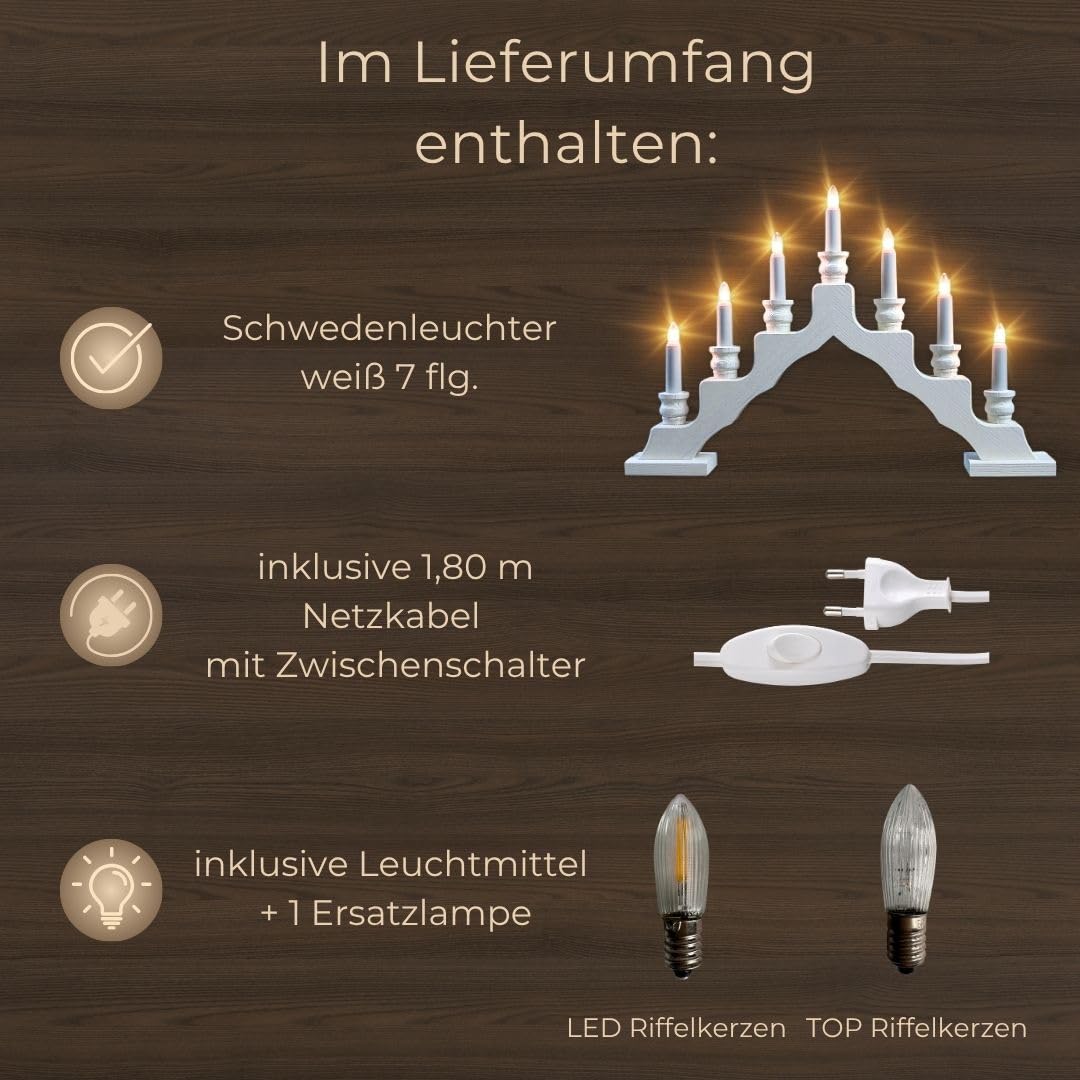 weigla - Schwedenleuchter original Erzgebirge I Trendiger Schwede WEIẞ I LED I Schwibbogen Weihnachten I 7 Lampenkerzen + 1 Ersatzlampe I 7 x 34 V, 0,2 W, E10 I Weihnachtsdeko innen I Kiefernholz
