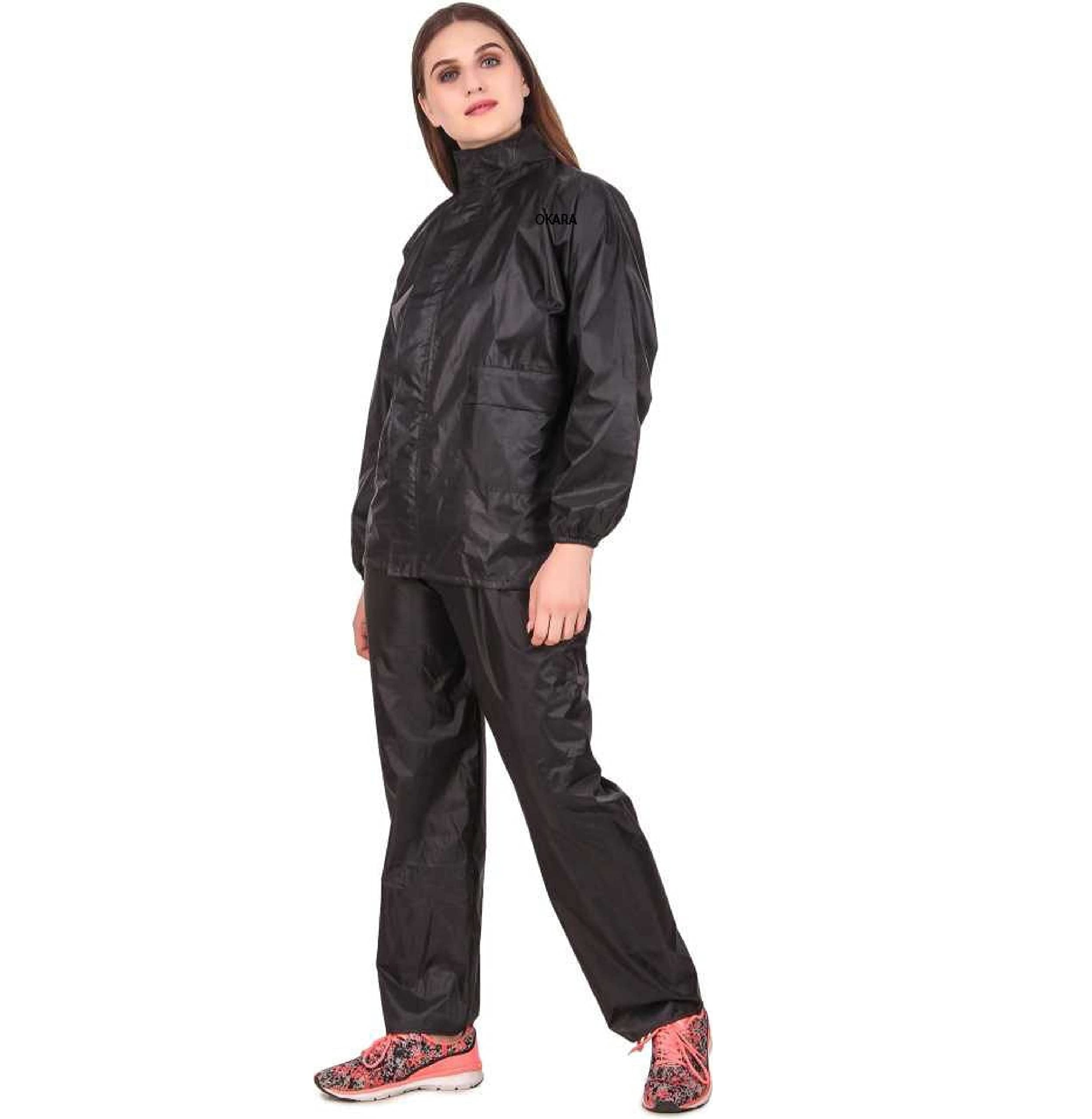 Neekshaa Women's Water Resistant Semi-Nylon Rain Coat with Pant, Black, XX Large Size 1