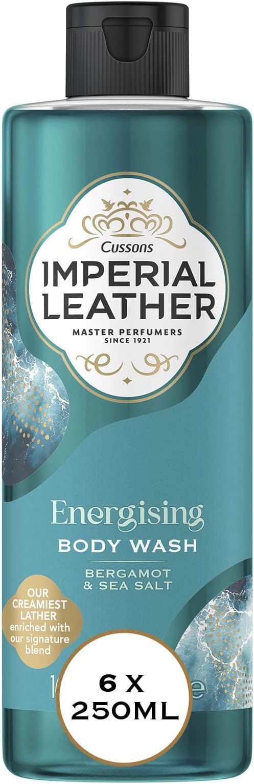 Imperial Leather Gel douche énergisant, bergamote et sel de mer, mélange d'huiles signature, mousse crémeuse, soin doux pour la peau, achat en gros, lot de 6 x 250 ml