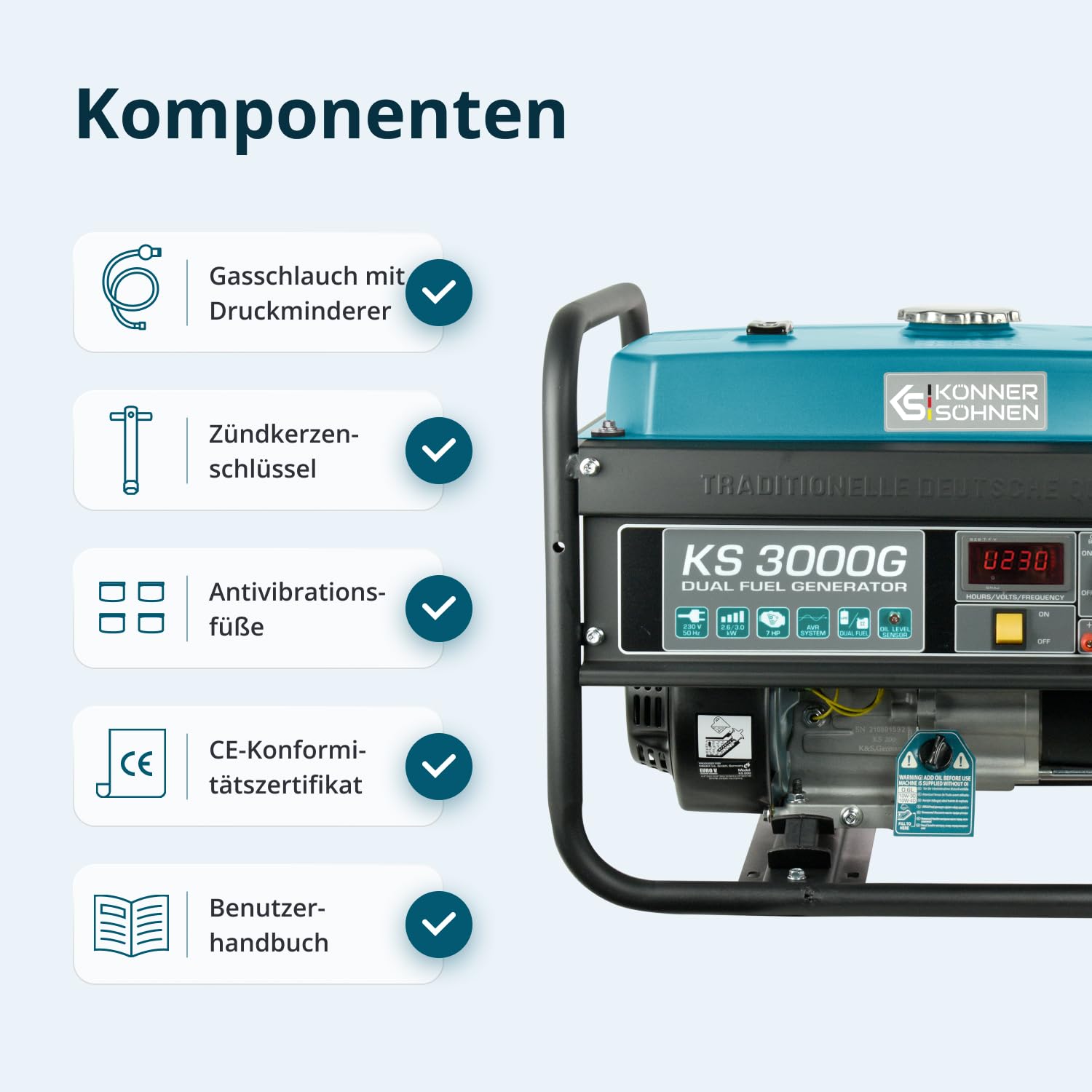 Könner & Söhnen KS 3000G - Hybrid Benzin-LPG 4-Takt Stromerzeuger, Kupfer Generatoren 3000 Watt, 16A, 230V, Generator für Kleinhaus, Garage oder Camping