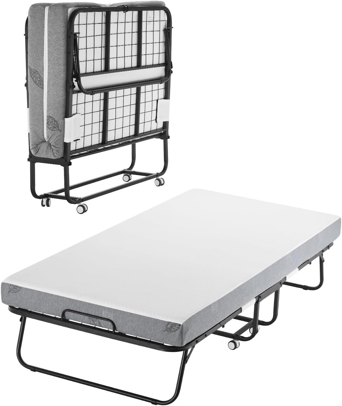 VEVOR 38 in x 75 in Folding Bed with 5 in Mattress, Twin Size, White, Metal Frame Portable Rollaway Bed, 450 lbs Weight Capacity, Adult Guest Bed 38\" x 75\" 5\" thick