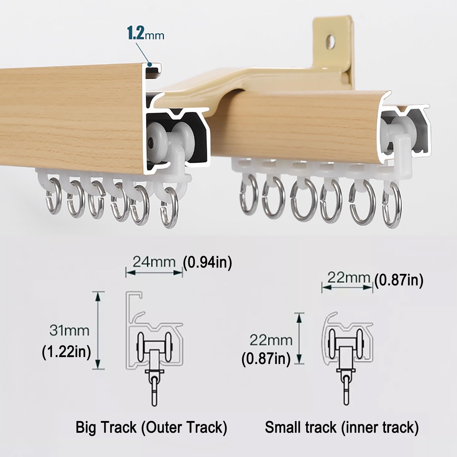 Rail mural silencieux en alliage d'aluminium imitation bois 3 m Système coulissant droit pour tringle à rideaux simple/double Idéal pour décoration d'intérieur