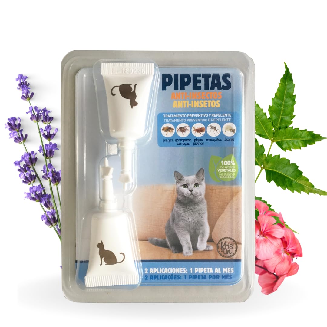 KRISLIN Pipetas Repel para Gatos con Margosa, Geraniol Y Lavandino, contra pulgas, garrapatas e Insectos, Blister con 2 Unidades