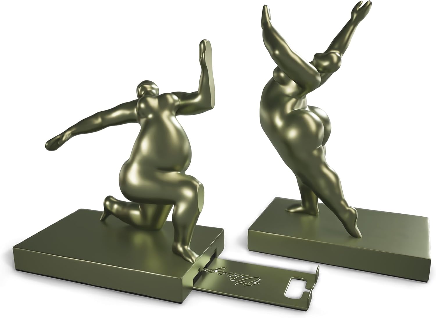 Decorative Bookends Set of 2 – Modern Sculptural Art Book Ends with Adjustable Magnetic Phone & Tablet Holder – Premium Resin with Metal Plate – Contemporary Home & Office Decor – Metallic Sage