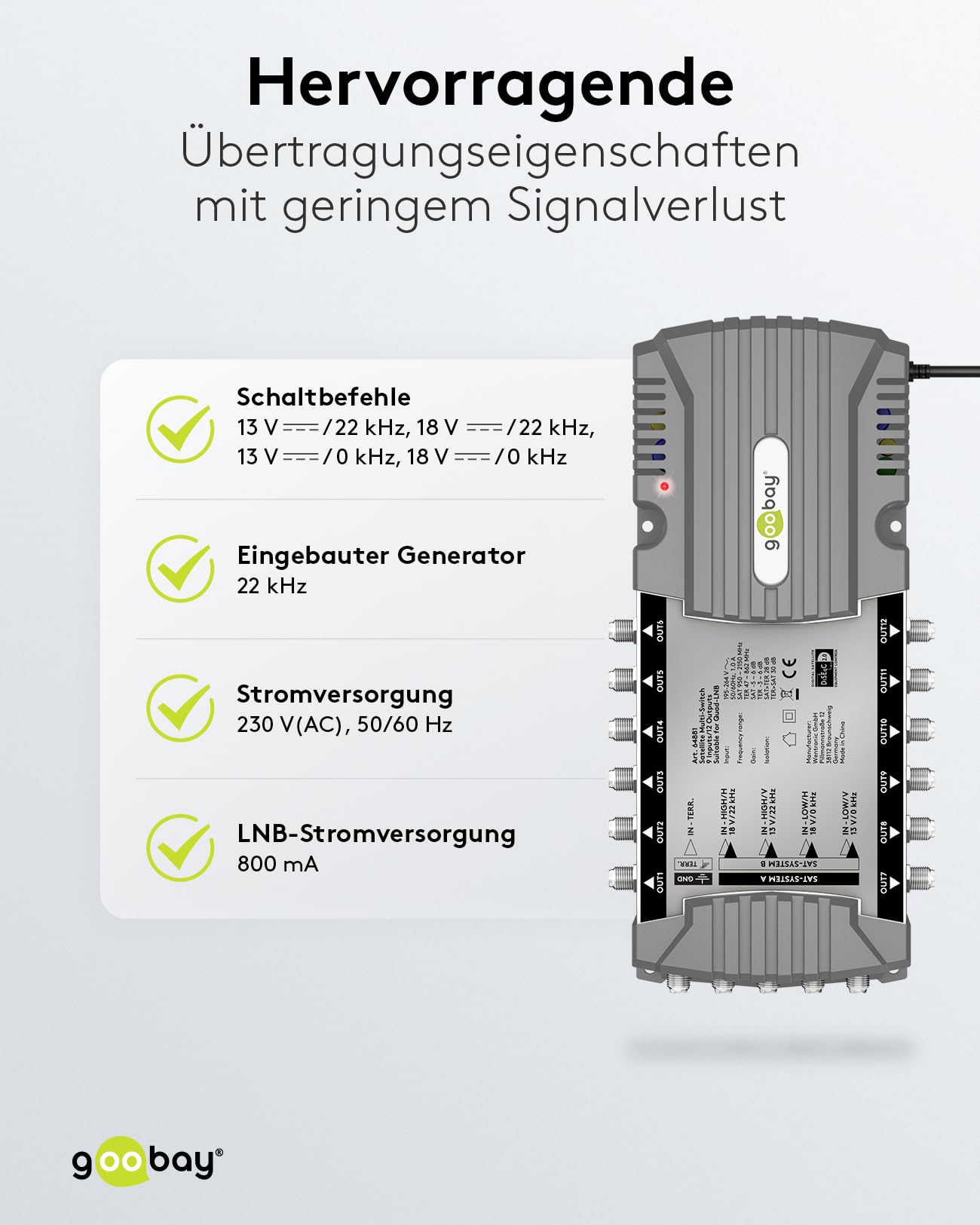 goobay 64881 Multiconmutador satélite/Multiconmutador Compacto / 9 entradas / 12 Salidas / 4K, 8K UHD/Dab+ / para 12 participantes