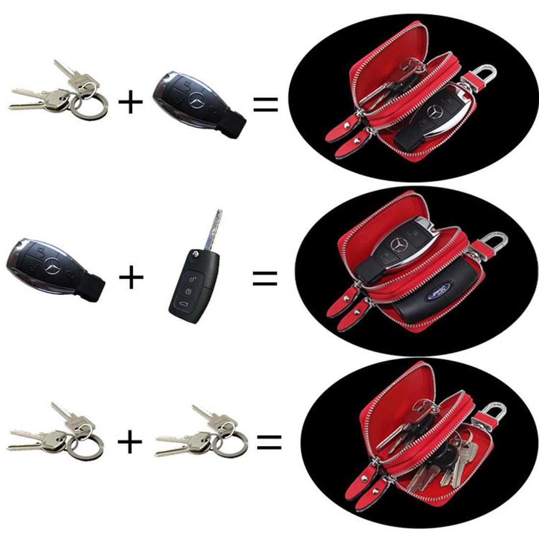 Unisex-Echtleder-Schlüssel-Hülle/Halter - mit Doppelreißverschluss - Auto-Schlüsselanhänger-Schlüsseletui