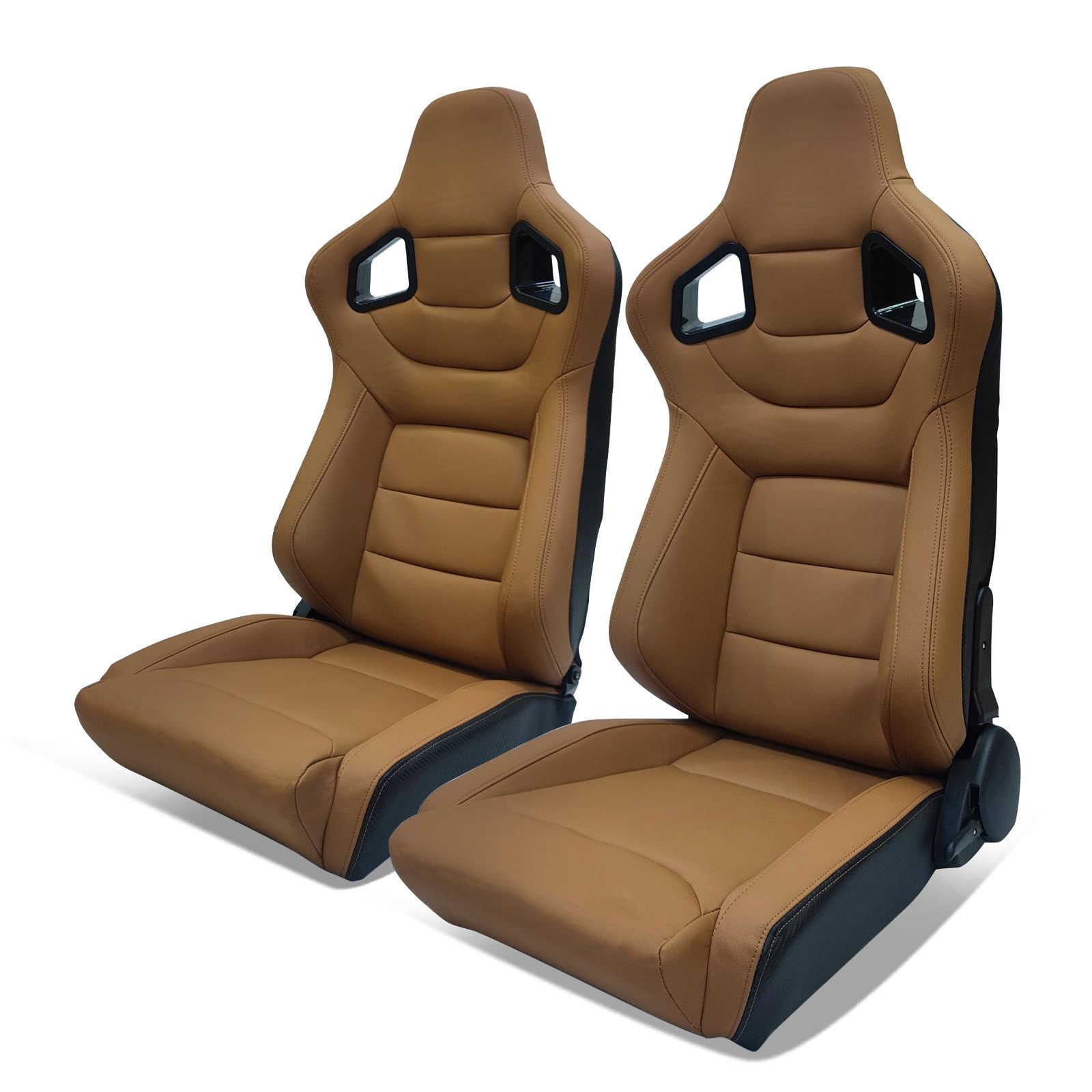 PU Leather Front Racing Seat with Dual Sliders For Universal | Brand of Hyper Glory, Seat can hold 300 LBS & 180 degree backrest Rotation, Brown + Brown Stitch-Flat Style, 2PCS