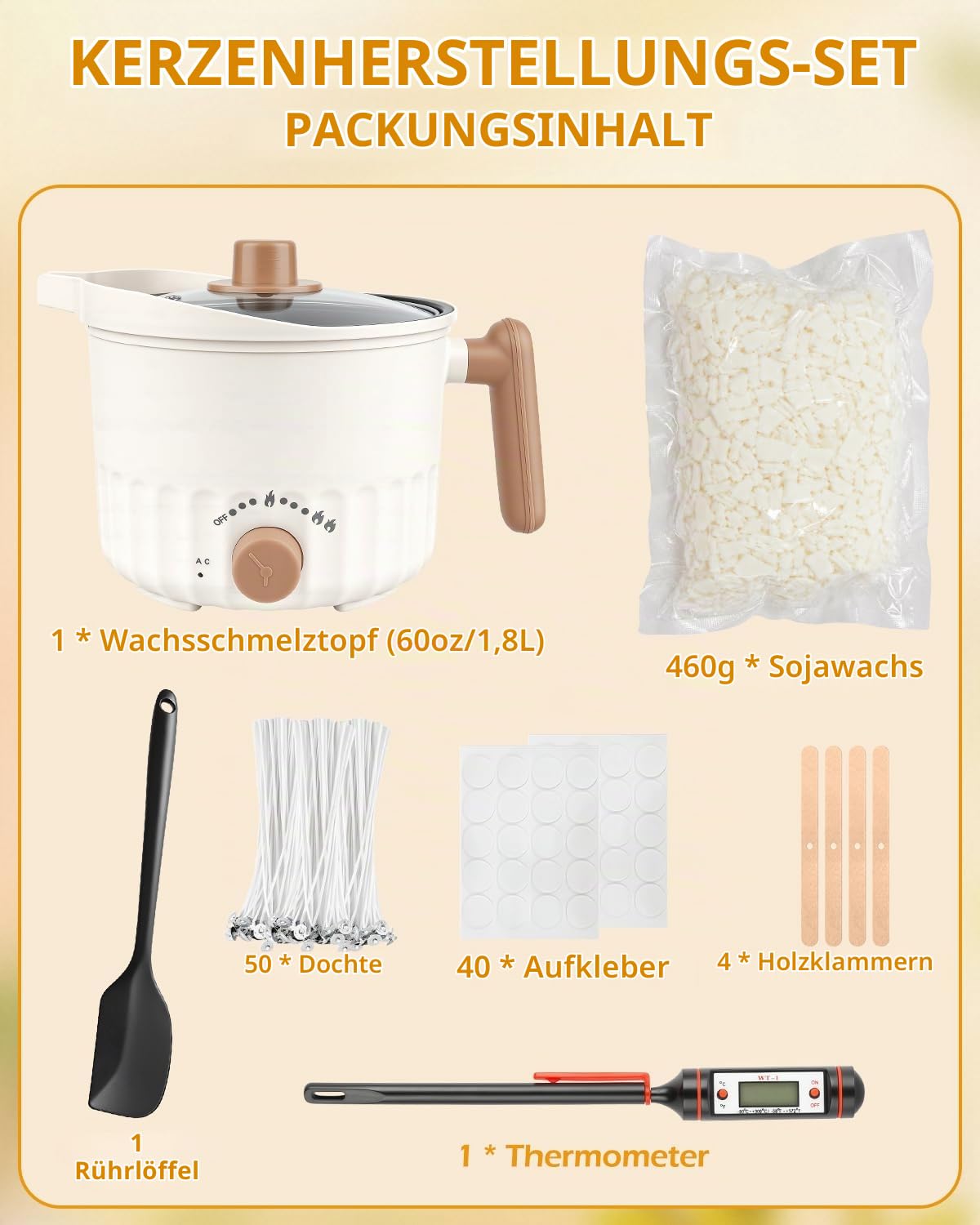 Kerzen Selber Machen Set, Kerzenherstellung Duftkerze Geschenke Diy Set mit 1.8L Wachsschmelzer, 460g Sojawachs, 50 Dochte, 40 Aufkleber, 1 Thermometer, Candle Making Kit für Selbst Erwachsene Kinder