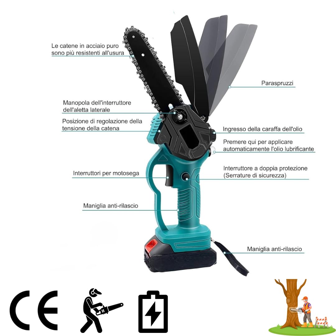 Mini Motosega a Batteria con Oliatore Automatico, 2 Batterie 48V, Barre da 6'' e 8'' Pollici con Catene di Ricambio e Blocco di Sicurezza – Potenza e Versatilità per Lavori di Precisione