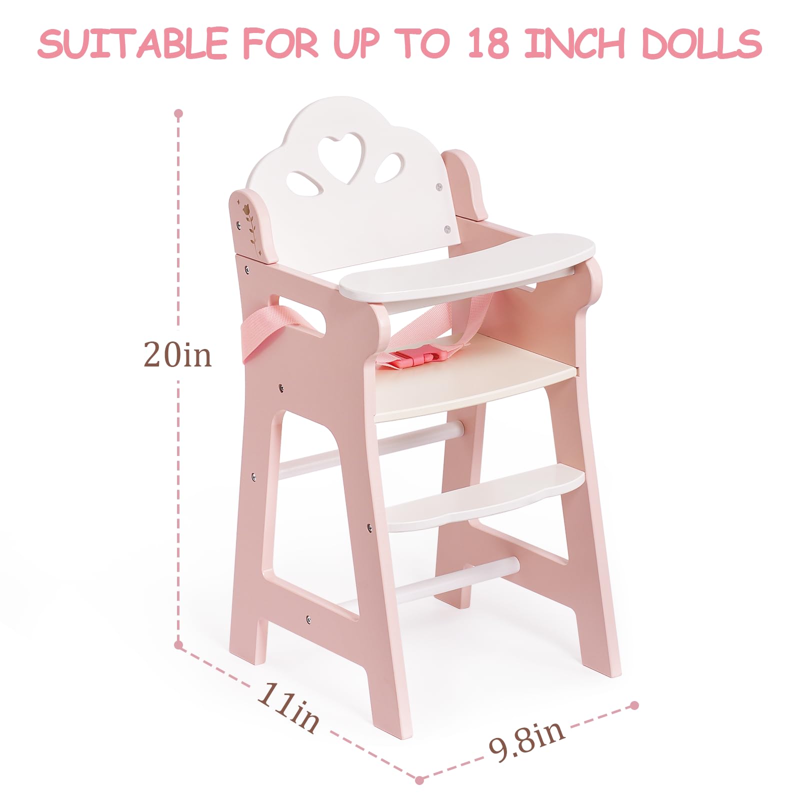 Silla alta de muñeca de bebé, silla alta de juego de simulación con cinturón de seguridad, accesorios de muñeca de madera rosa con mesa móvil, se adapta a muñecas de 18 a 20 pulgadas 7