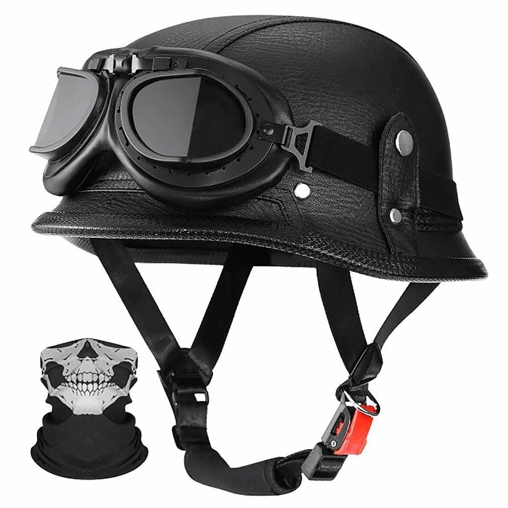 Deutscher Retro Halbschalenhelm Halbhelm,ECE 22.06geprüft,Leichte ABS-Schale in PU-Lederoptik mit Fahrerbrille und Gesichtsmaske,Unisex für Stadt Pendler und Cruiser,M-2XL(57-64cm)