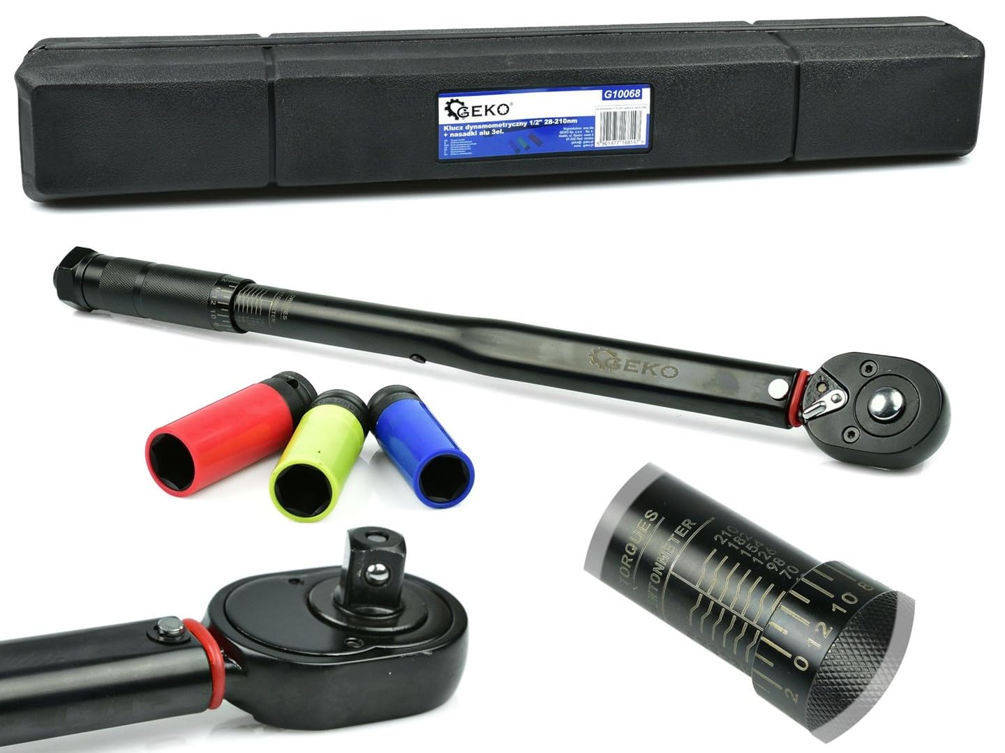 Llave Dinamométrica 1/2" Profesional 28-210 Nm + Vasos Impacto 17, 19 y 21 mm | Acero CrV Alta Resistencia | Carraca Reversible | Ajuste Preciso de Par para Llantas y Mecánica