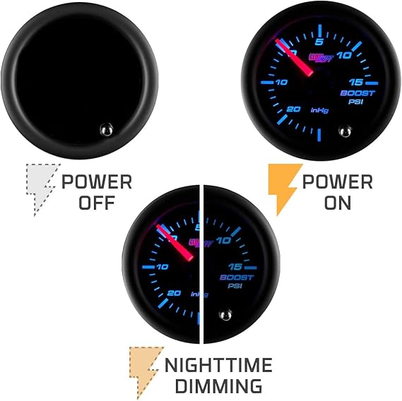 GlowShift Tinted 7 Color 15 PSI Turbo Boost Vac Gauge Kit, 2-1/16 52mm