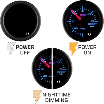 GlowShift Tinted 7 Color 15 PSI Turbo Boost Vac Gauge Kit, 2-1/16 52mm