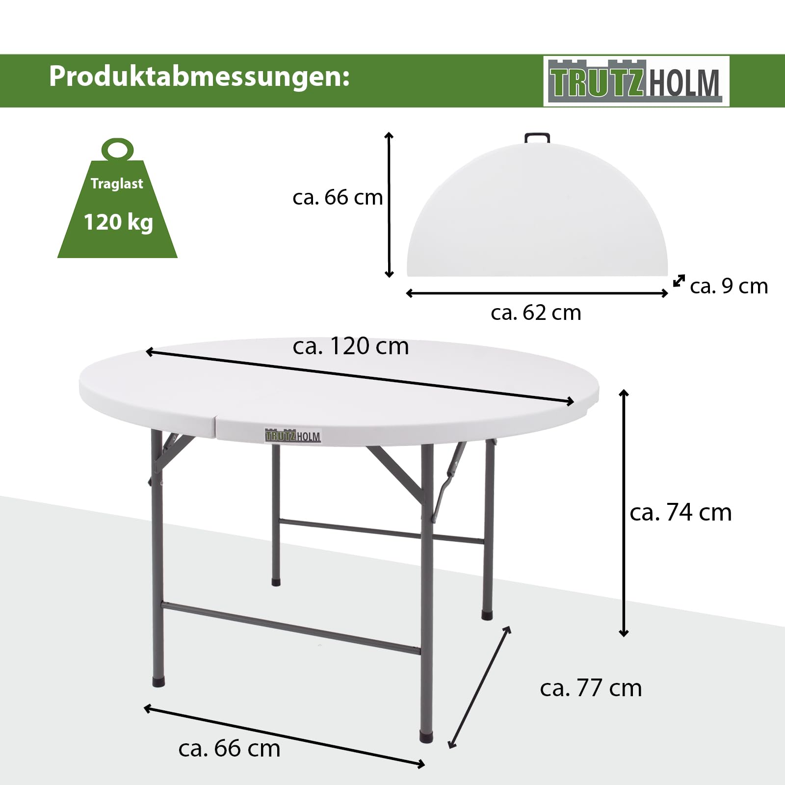 TRUTZHOLM Campingset Klapptisch rund Ø 120 cm mit 4 Klappstühlen in weiß aus Kunststoff/Stahl Reisetisch mit Tragegriff