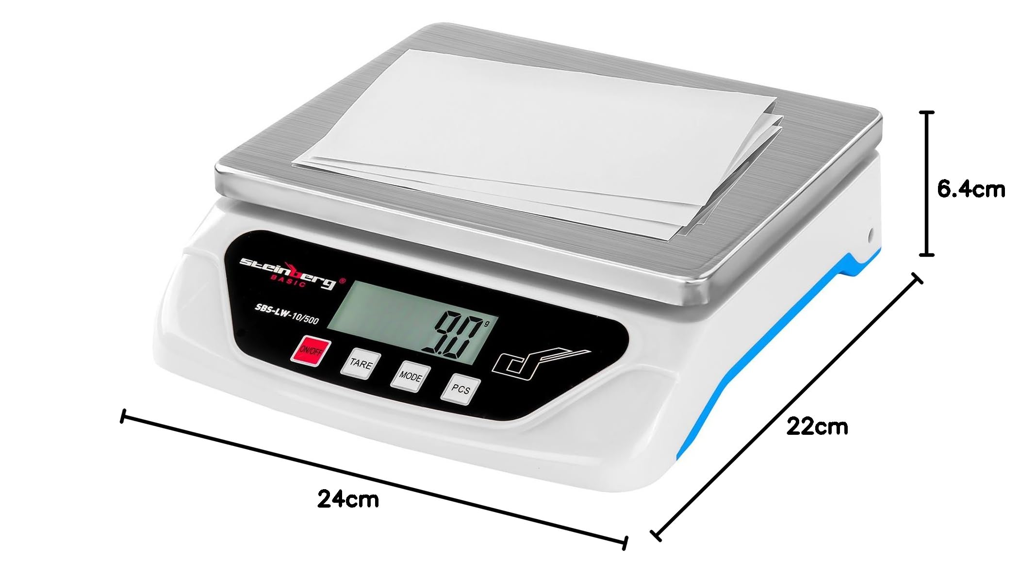 Steinberg BASIC SBS-LW-10/500 Bilancia Elettronica Bilancia Digitale Pesalettere (10 kg / 0,5 g, Schermo LCD Retroilluminazione, Alimentazione 2 Batterie AA o Adattatore AC/DC ADAPTER 6V) Argento