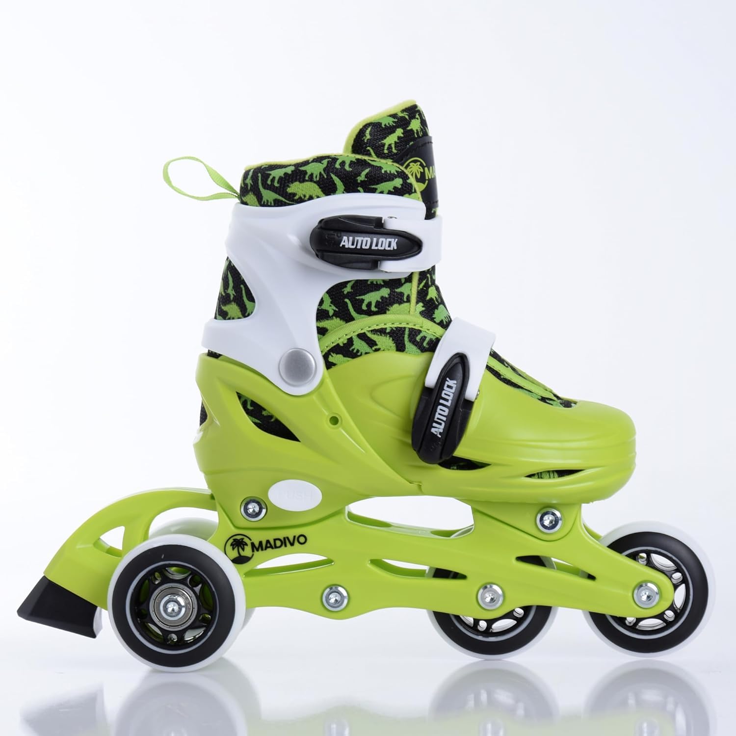 Madivo Dino Set 2 en 1 Rollers / Triskates réglables | Patins à roulettes ABEC-5 | Rollers en ligne convertibles en patins à roulettes | Vert/noir | Tailles : 26-29, 30-33