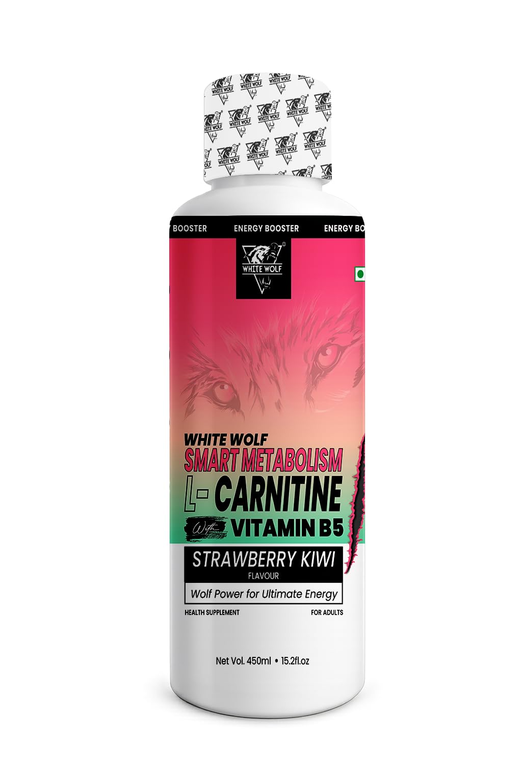 White Wolf Nutrition L-Carnitine with Vitamin B5 – Strawberry-Kiwi Flavour  | 450ml Liquid Supplement | Zero Sugar | Fast Absorption
