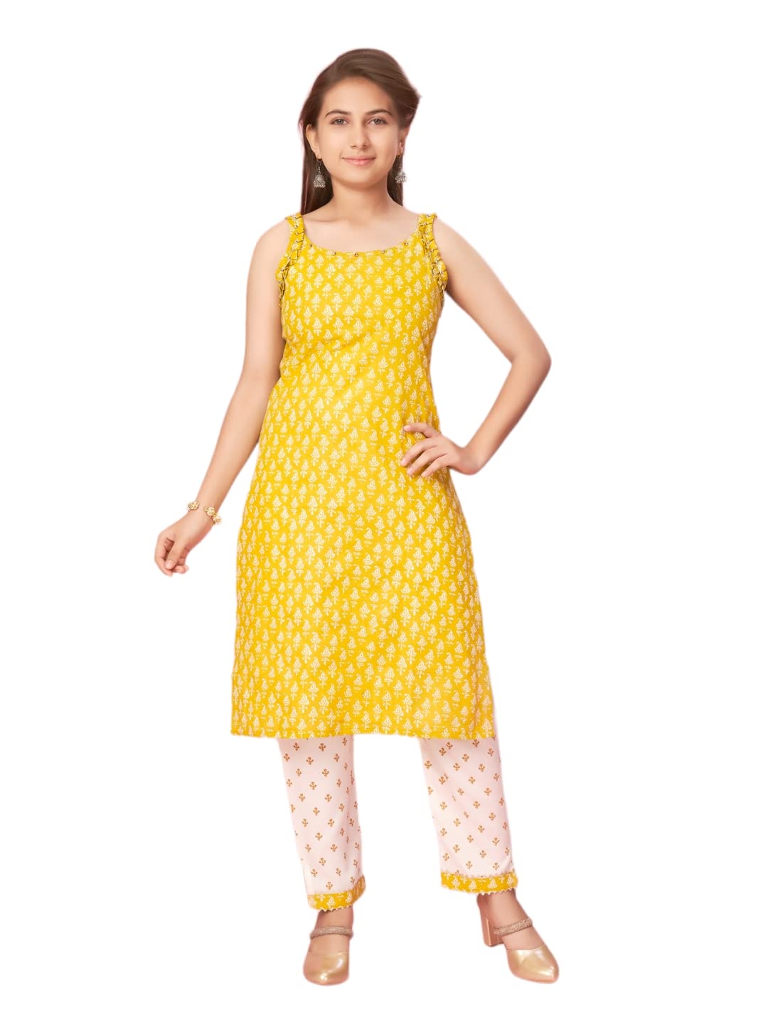 Aarika Girl's Cotton Kurti Pant Set (New_Kp-K-478_Yellow-White