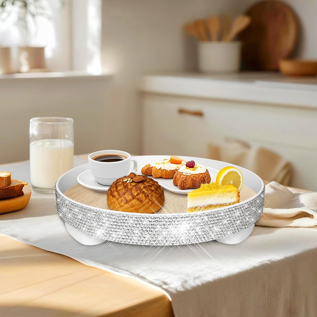 Bling Decorative Tray for Coffee Table，Glitter Round Tray Decor Coffee Table Decor Table Trays Decorative，Shiny Perfume Organizer Dresser Perfume Tray (Round - 12“)