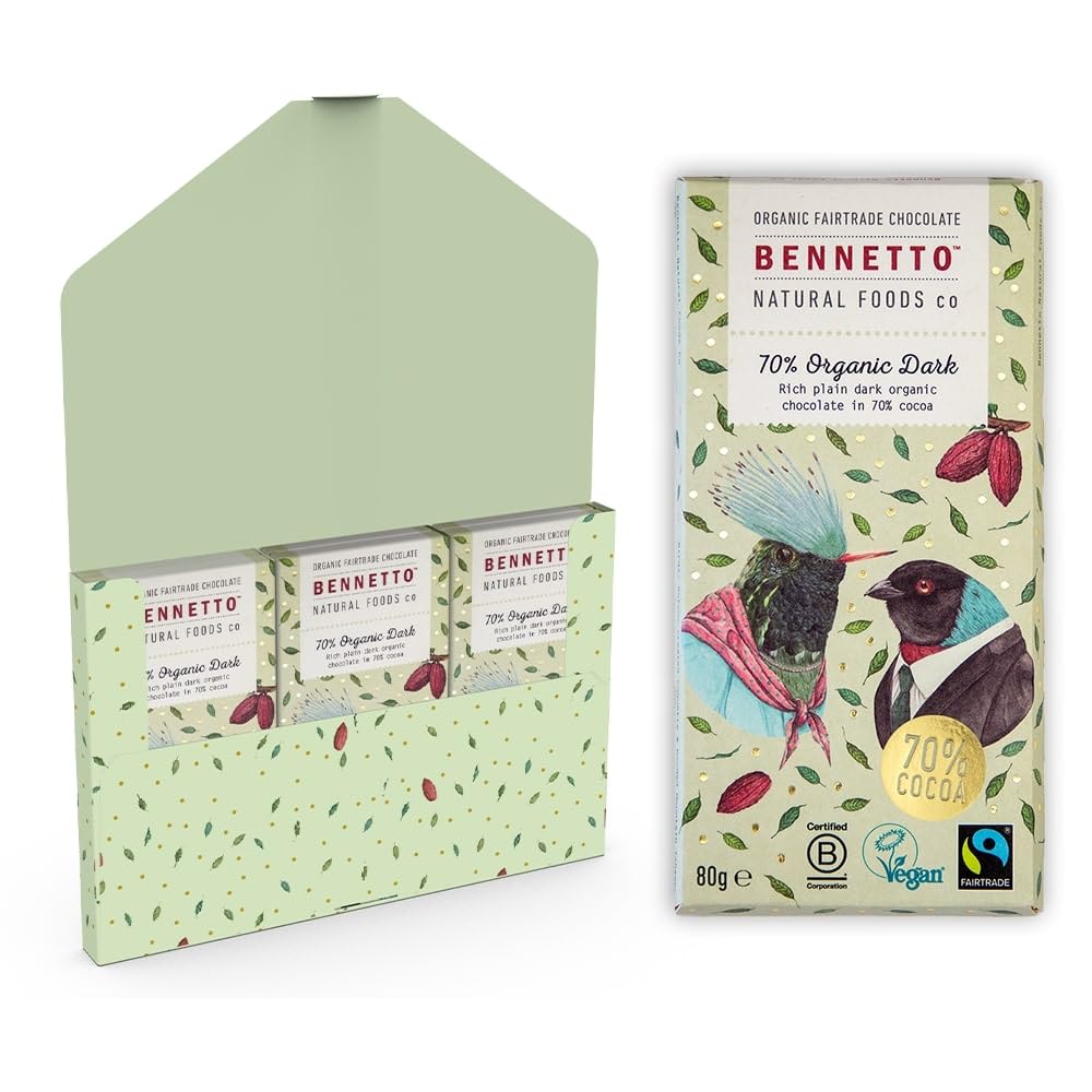 70% Organic Dark Rich, plain dark chocolate with 70% cocoa. Certified organic, Fairtrade, and net climate positive. Beautiful gifts for everyone. 3x 80g Full Size Bars.