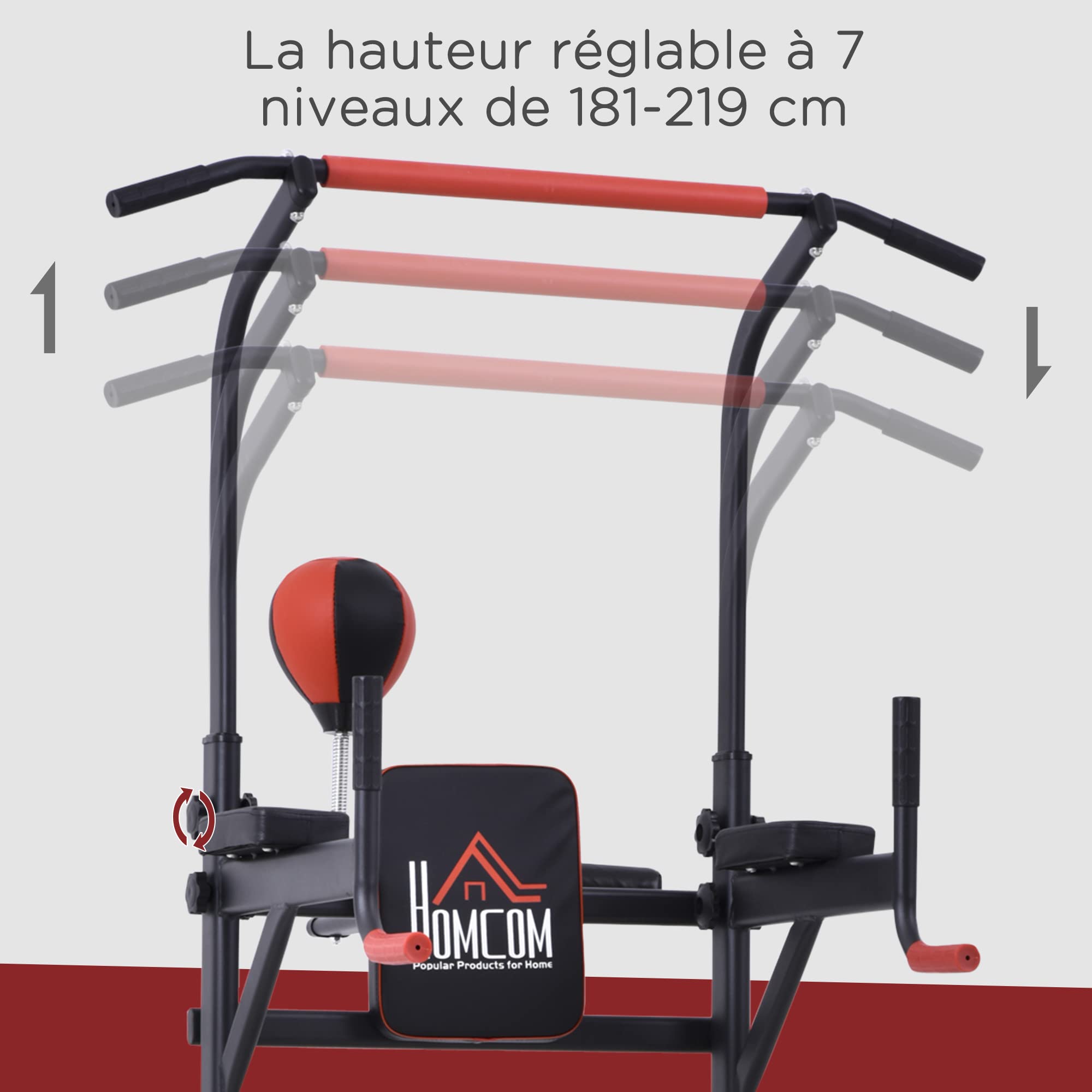 HOMCOM Station de Traction Musculation Multifonctions Punching Ball Chaise Romaine Hauteur réglable Acier Noir Rouge