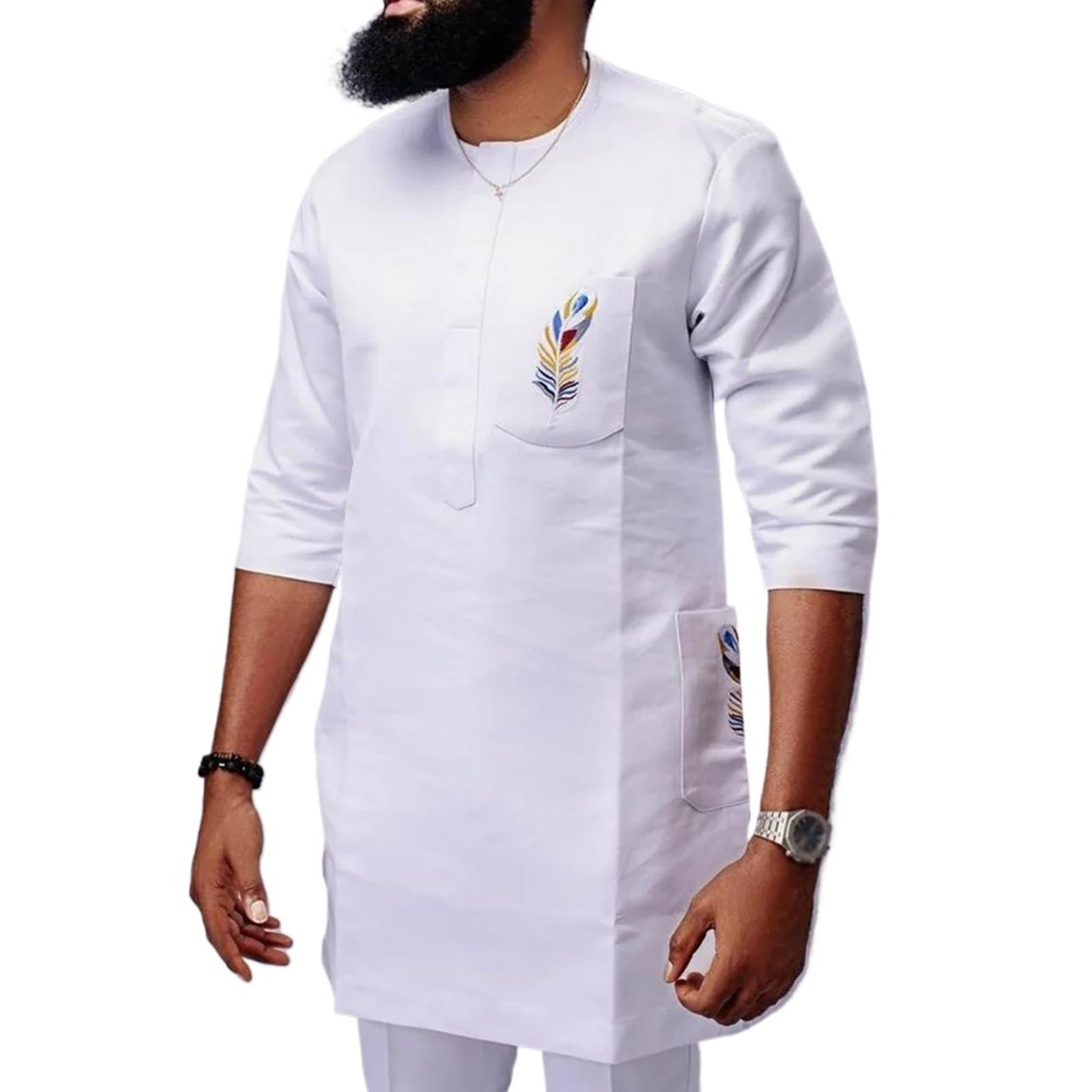 Traditional Dashiki Suit African Tracksuit for Men 2 Piece Set Shirt and Pants Outfit Formal Attire for Wedding (Color : White, Size : XXL)