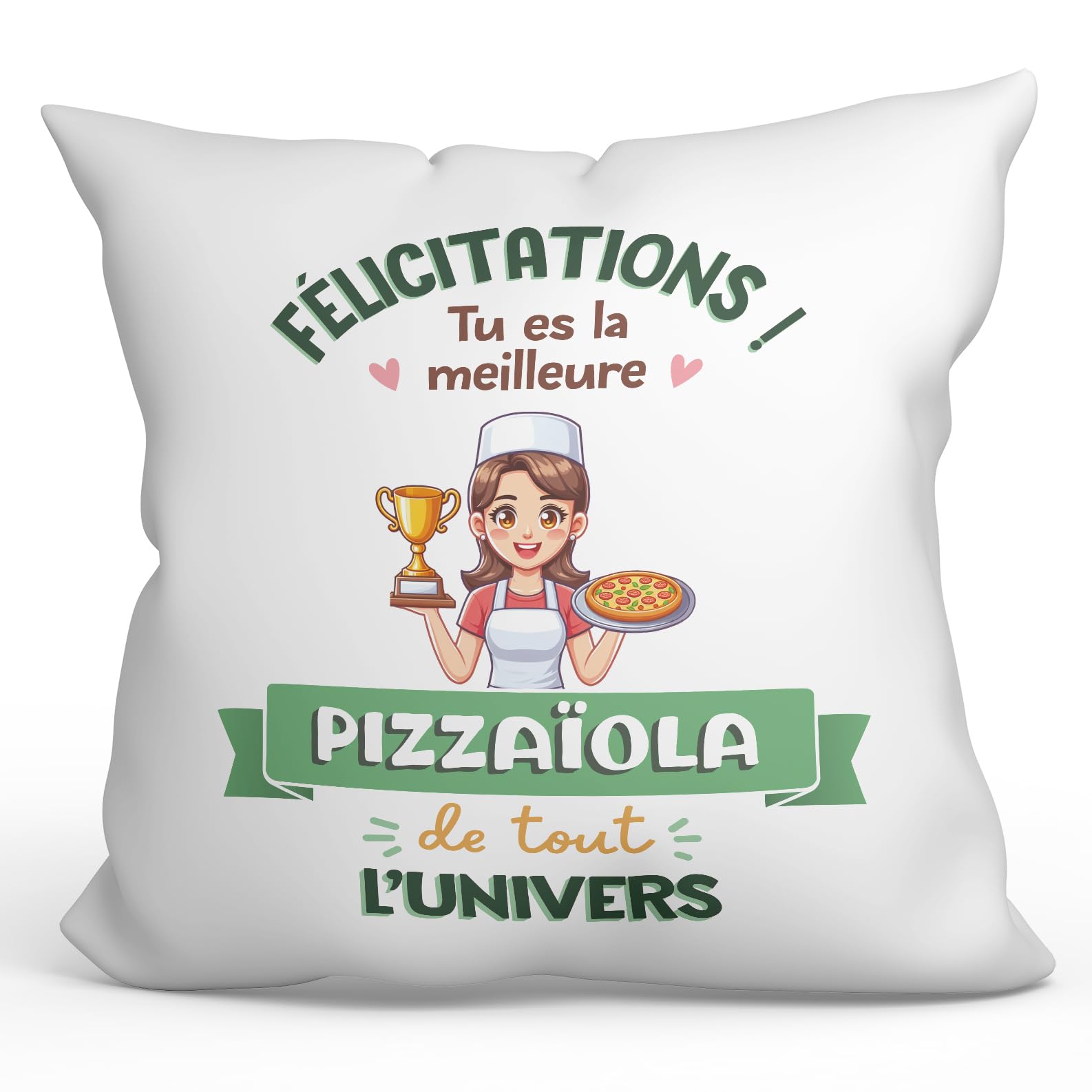 MUGFFINS PIZZA MAKER woman Cushion Padding included - in French - Meilleur Univers Trophée - Funny gift - Pillow: cover and filling 15.7x15.7 inches
