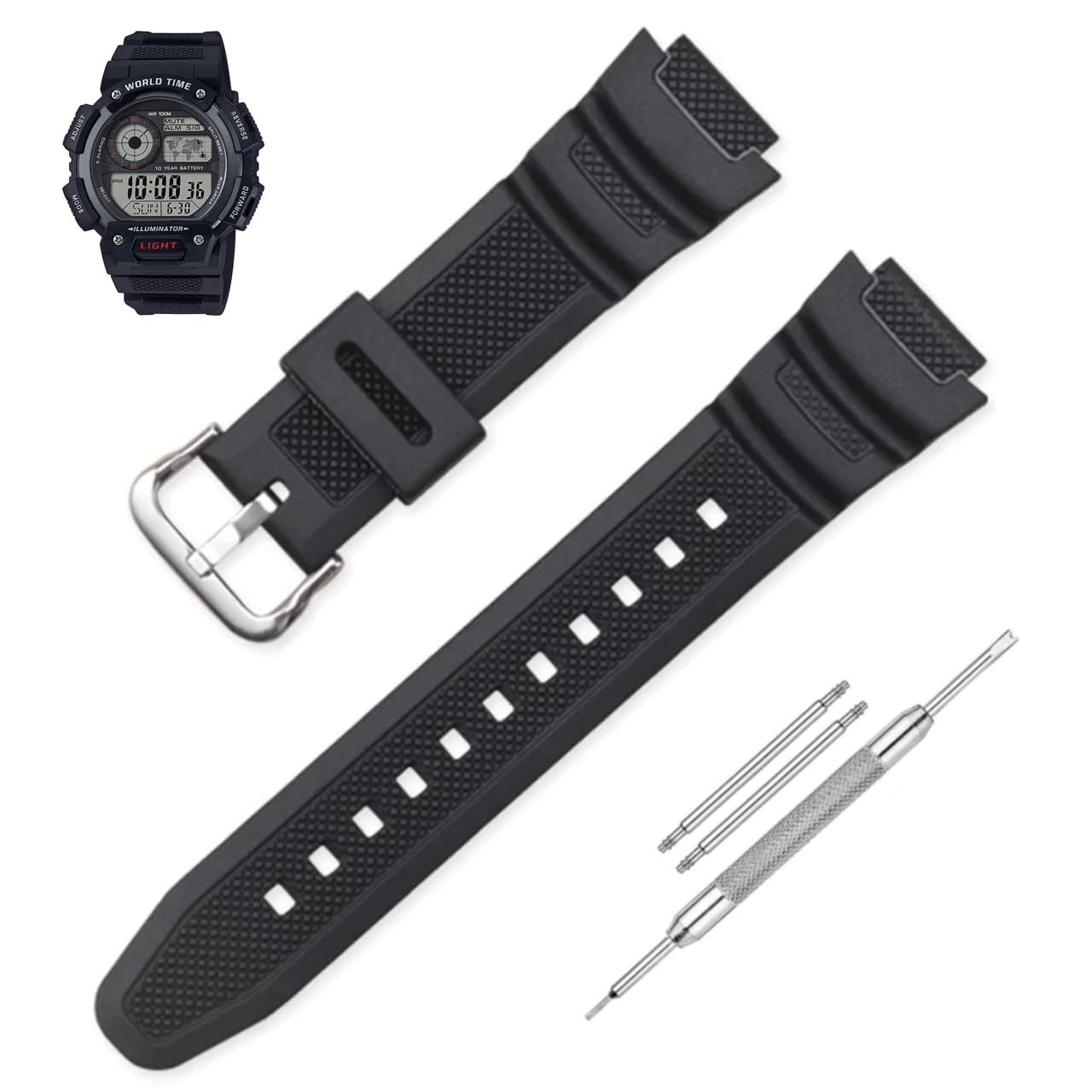 Resin Watch Strap (Black) Compatible With CASIO AE-1400wh AE 1400 WH with Tool and Pins