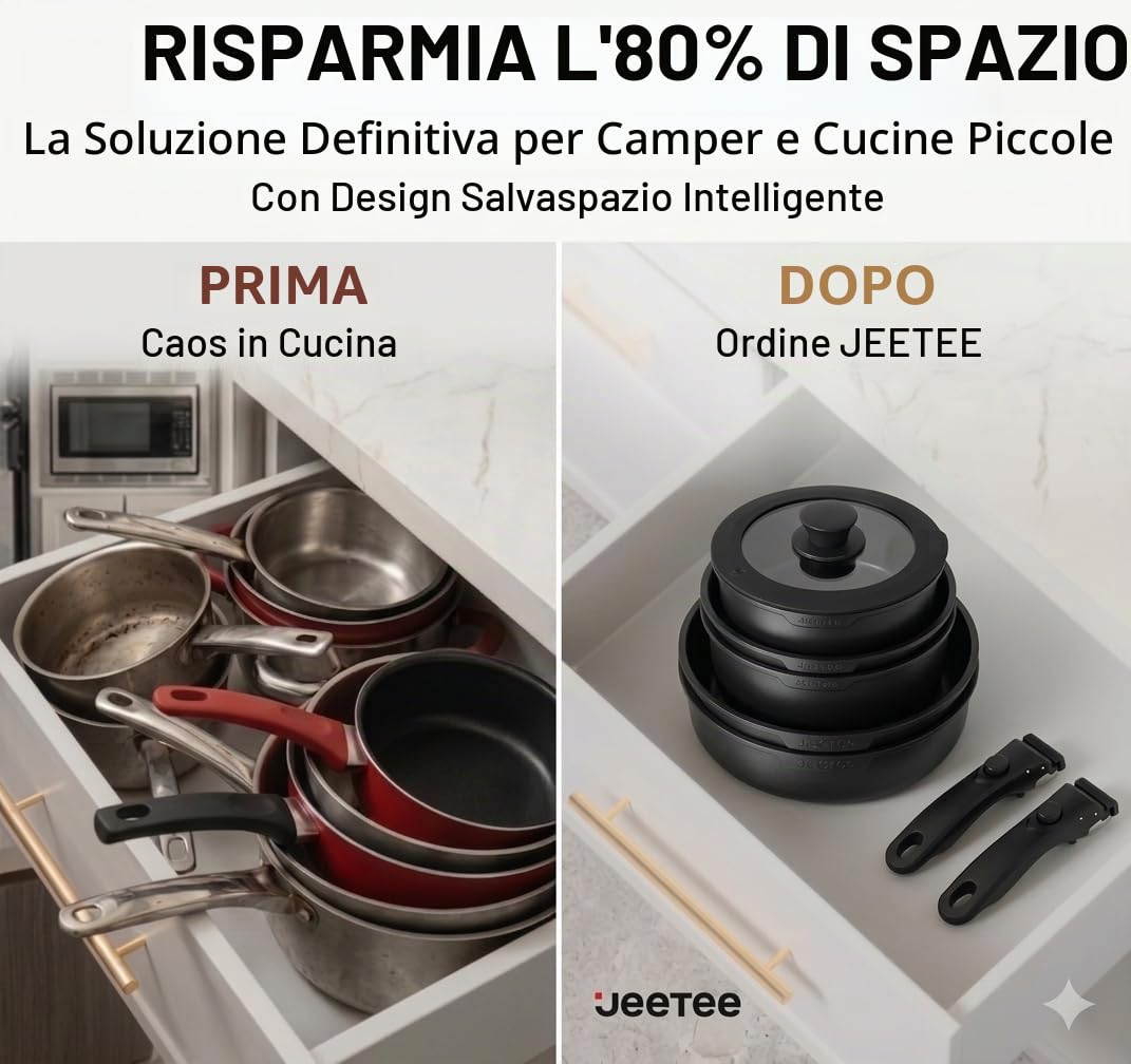 JEETEE Set Pentole Induzione 25 pezzi, Set Padelle Antiaderenti con Manici Rimovibili, Padelle 20/26cm, Padella Profonda 26cm, Casseruola 18/20cm, Padella Grill 26cm, Impilabile, Adatto ai Forni