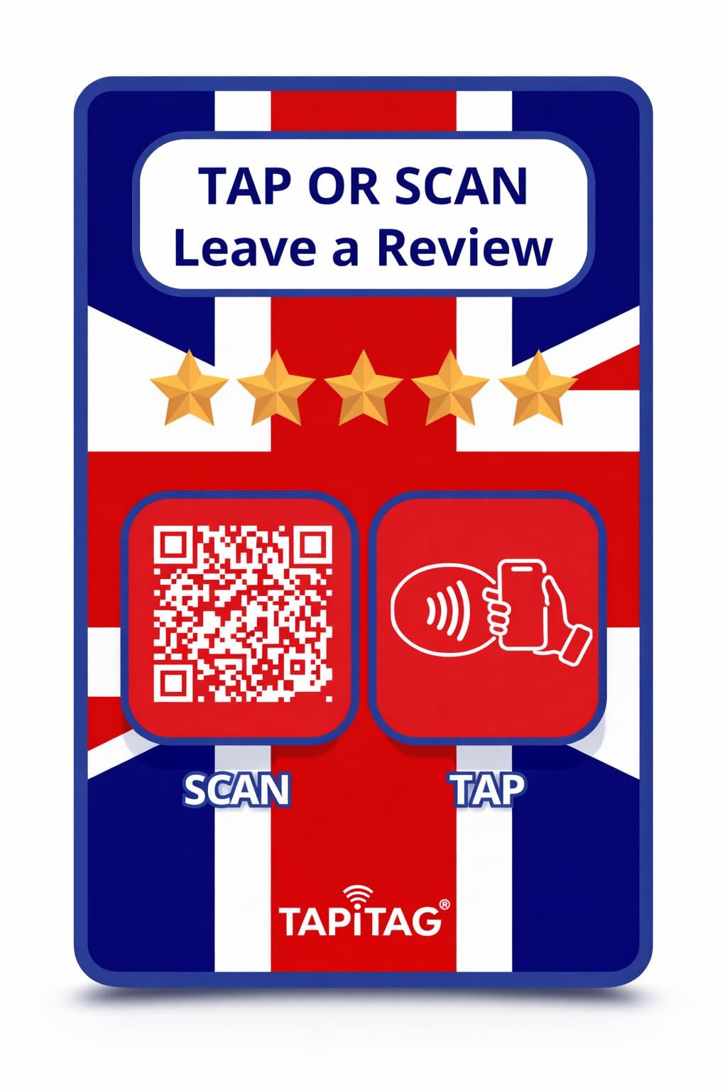 TAPiTAG Google Review Card with NFC and QR Code - NO Subscription – Tap or Scan to Leave a Google Review, Business Card Size, No App Needed, Works with iPhone & Android (PVC UK Flag)