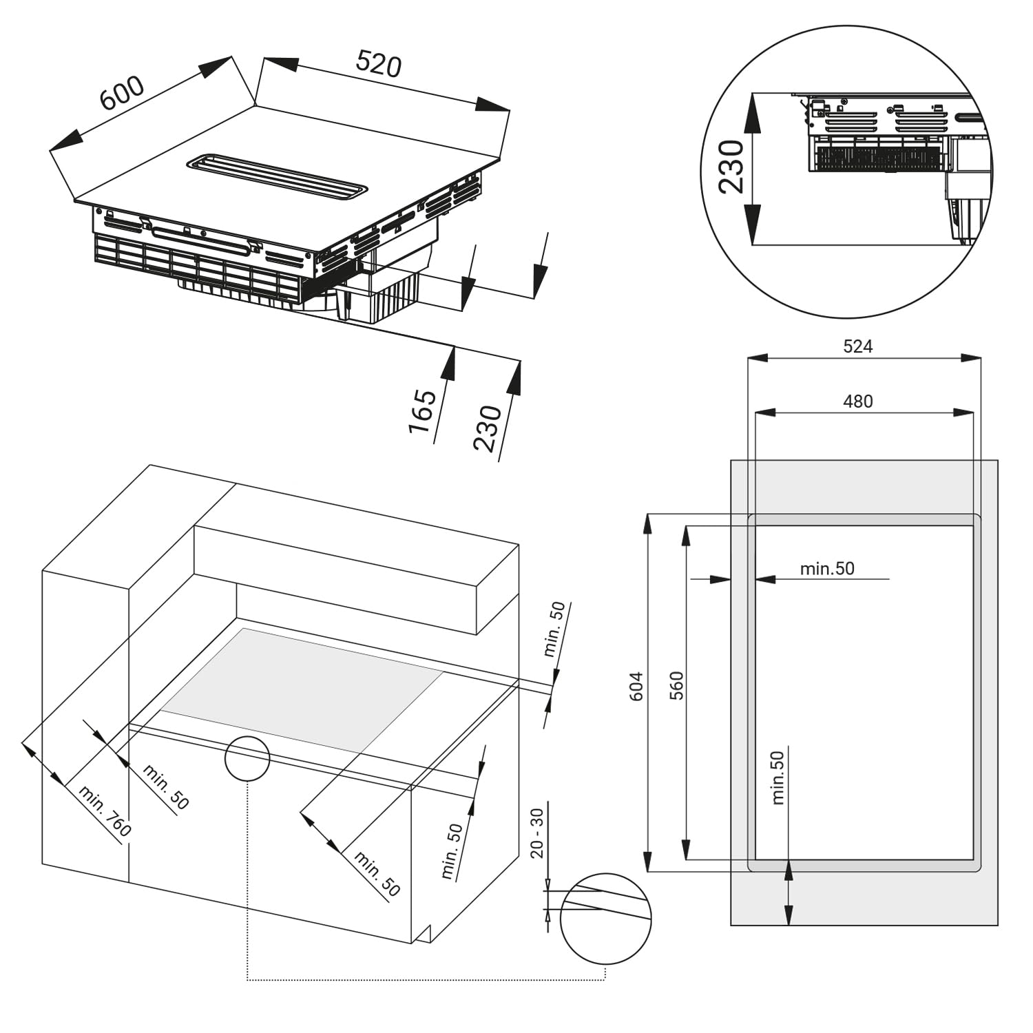 KKT KOLBE plaque induction avec hotte intégrée | 638 m³/h | 60 cm | 7,4 kW | 4 zones | 9 niveaux | sans cadre | IND600DRAFT