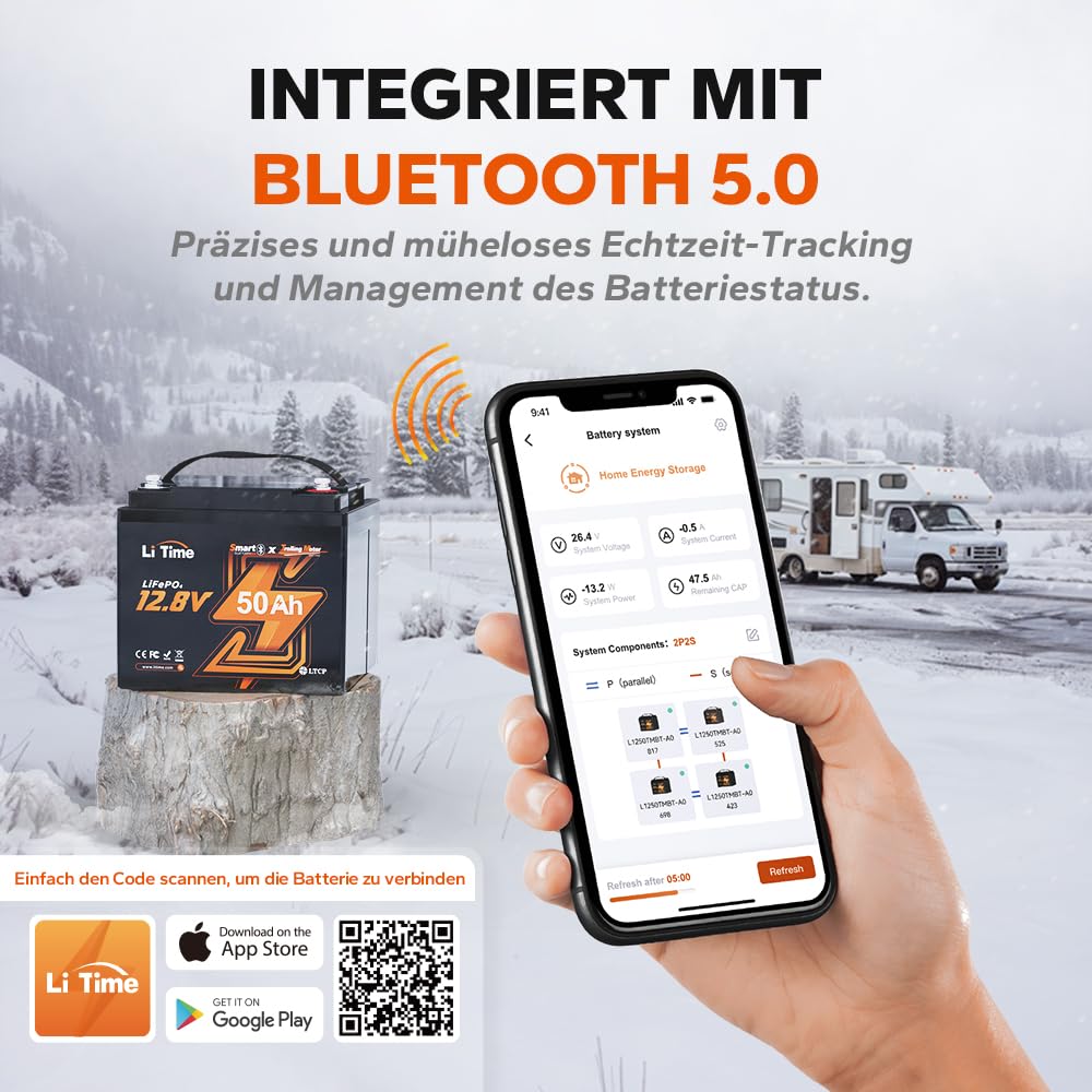 LiTime LiFePO4 12V 50TM Bluetooth Tieftemperaturschutz LiFePO4 Lithium Batterie, 50A BMS, Max. 15000 Zyklen, Perfekt für Trolling Motoren, Marine, Boot, Yacht, RV, Fishing Finder