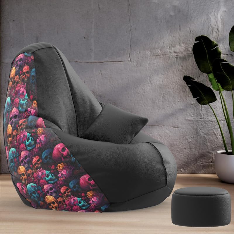 Image of Biggie Bean Bag with Beans Filled 6XL Evergreen Classics Bean Bag-Loud Prints-Soft Landings-Styled with Free Cushion & Footrest (Matching Color : Printed Skull-Black)