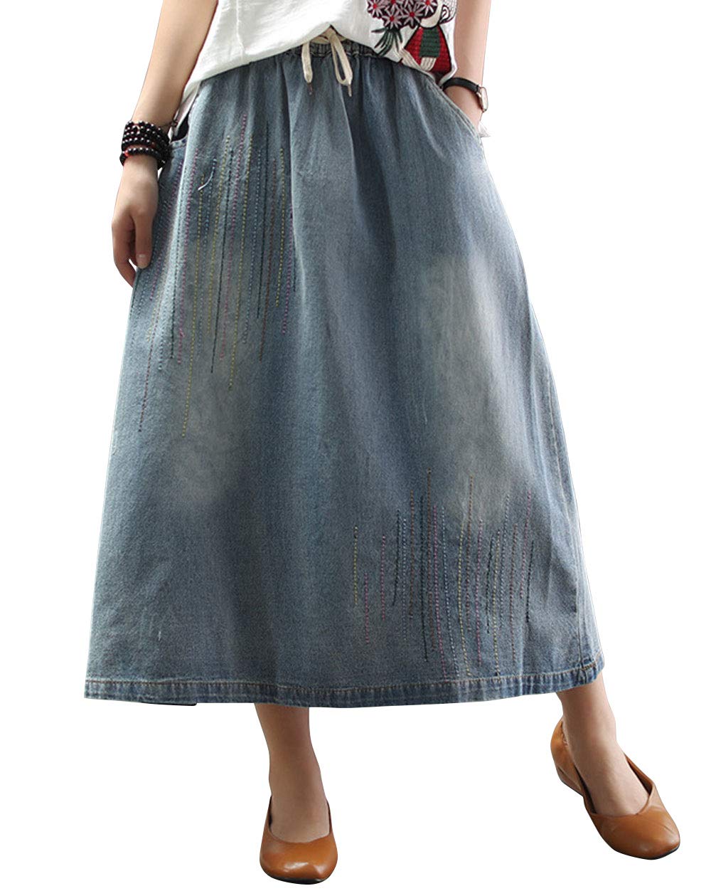 ebossyWomens Casual Long Jean Skirt Floral Print Embroidered Distressed Denim Maxi Skirts with Side Pockets