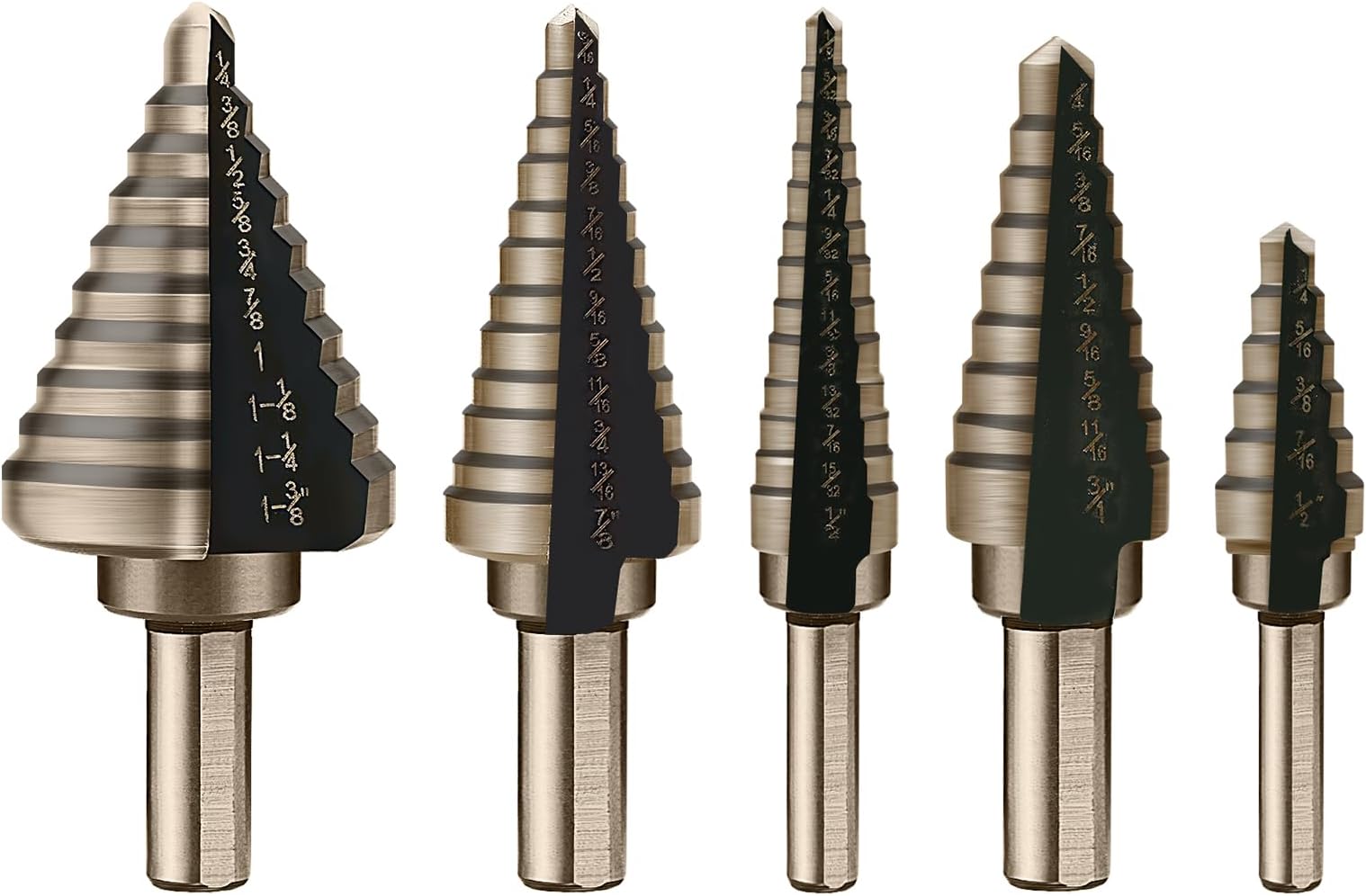 Aleric Step Drill Bit Set - 5 Pcs High Speed Steel Titanium Step Drill Bits, Step Bits for Wood, Plastic, Aluminium, Multiple Size Hole Cutting Drilling Cone Unibit Step Drill Bit for DIY Lovers